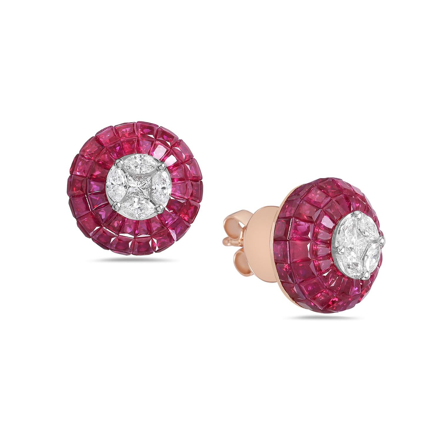 Art Deco 8.45 Ct Ruby Studs With Diamonds Made In 18k Gold For Sale