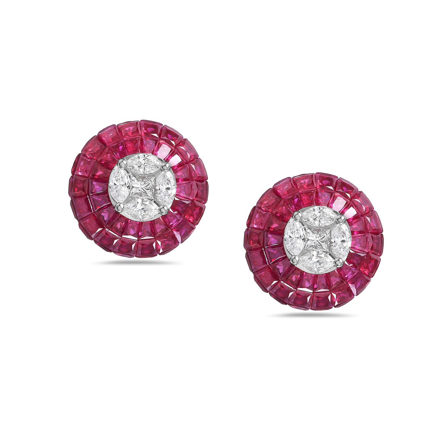 Mixed Cut 8.45 Ct Ruby Studs With Diamonds Made In 18k Gold For Sale