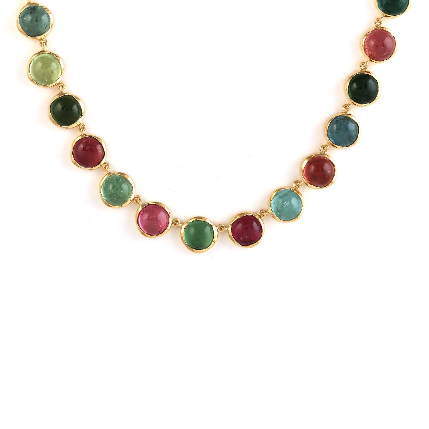 Contemporary 84.56 ct Multi Tourmaline Beads Necklace Made In 18k Yellow Gold For Sale