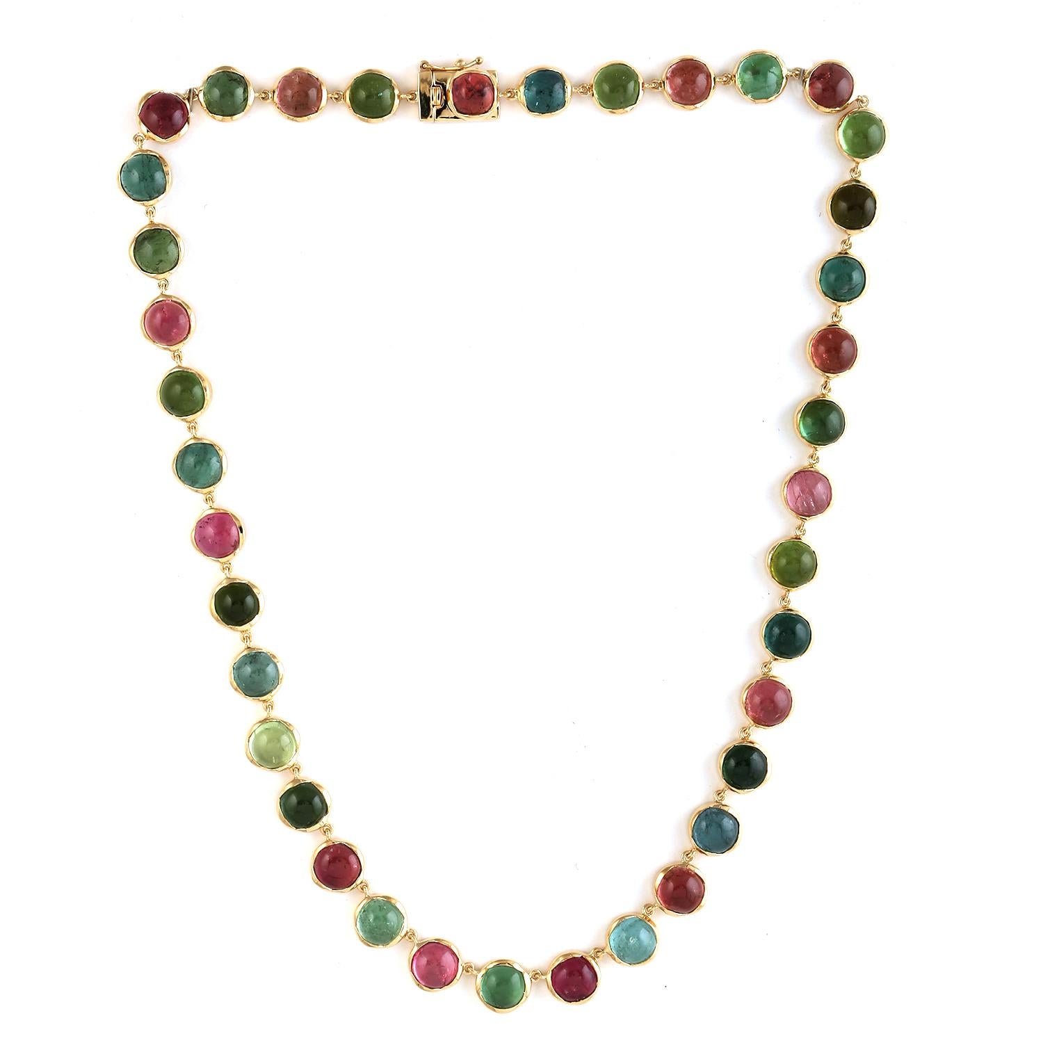 Mixed Cut 84.56 ct Multi Tourmaline Beads Necklace Made In 18k Yellow Gold For Sale