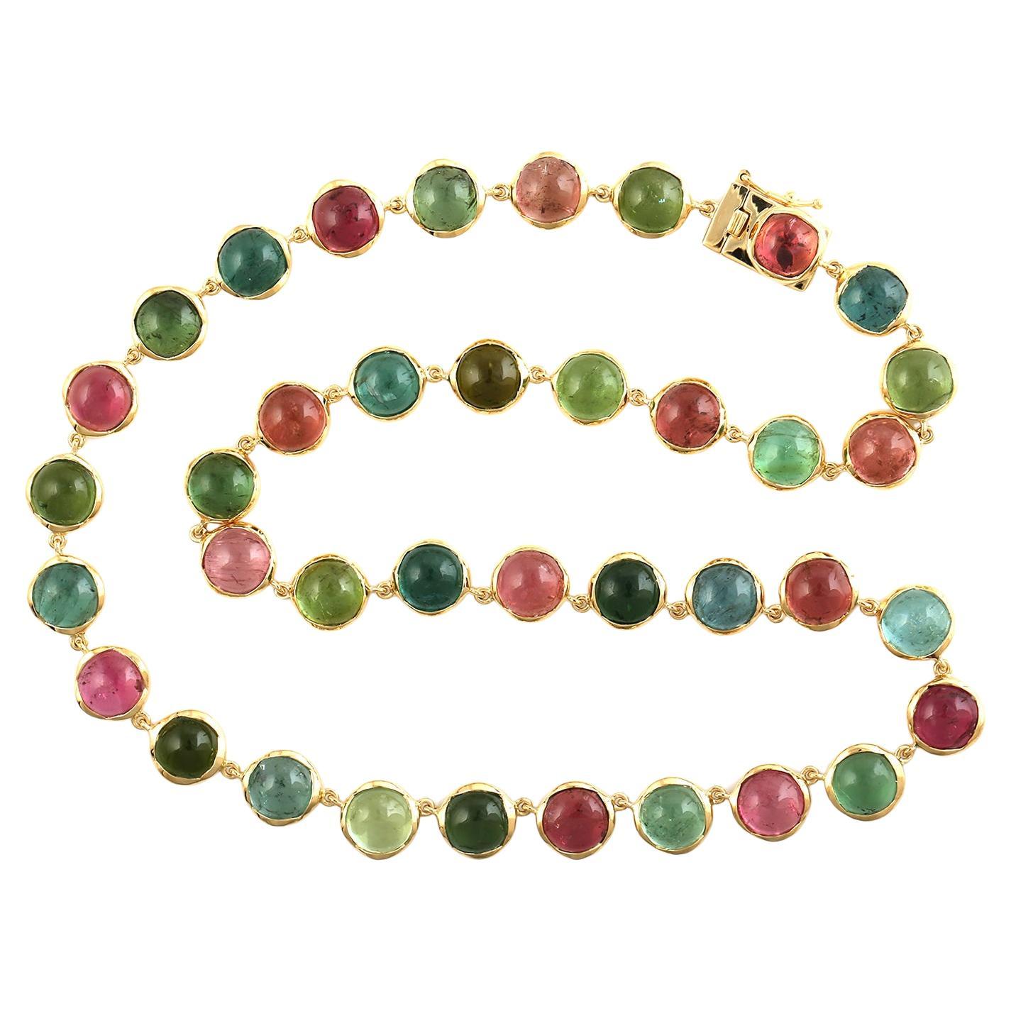 84.56 ct Multi Tourmaline Beads Necklace Made In 18k Yellow Gold For Sale