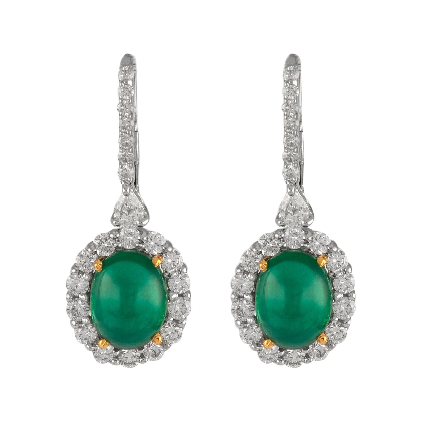 8.45ct Cabochon Emeralds with Diamonds Drop Earrings 18k White Gold