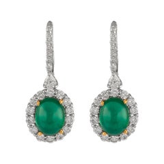 8.45ct Cabochon Emeralds with Diamonds Drop Earrings 18k White Gold