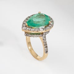 8.45ct Emerald Diamond Ring Vintage 14k Yellow Gold Sz 7.75 Pear Cut Cocktail