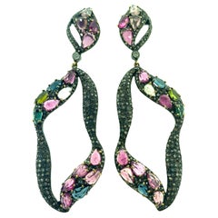 8.45Ct Multi Tourmaline Diamond Earrings Oxidized Sterling Silver with 14Kt Gold