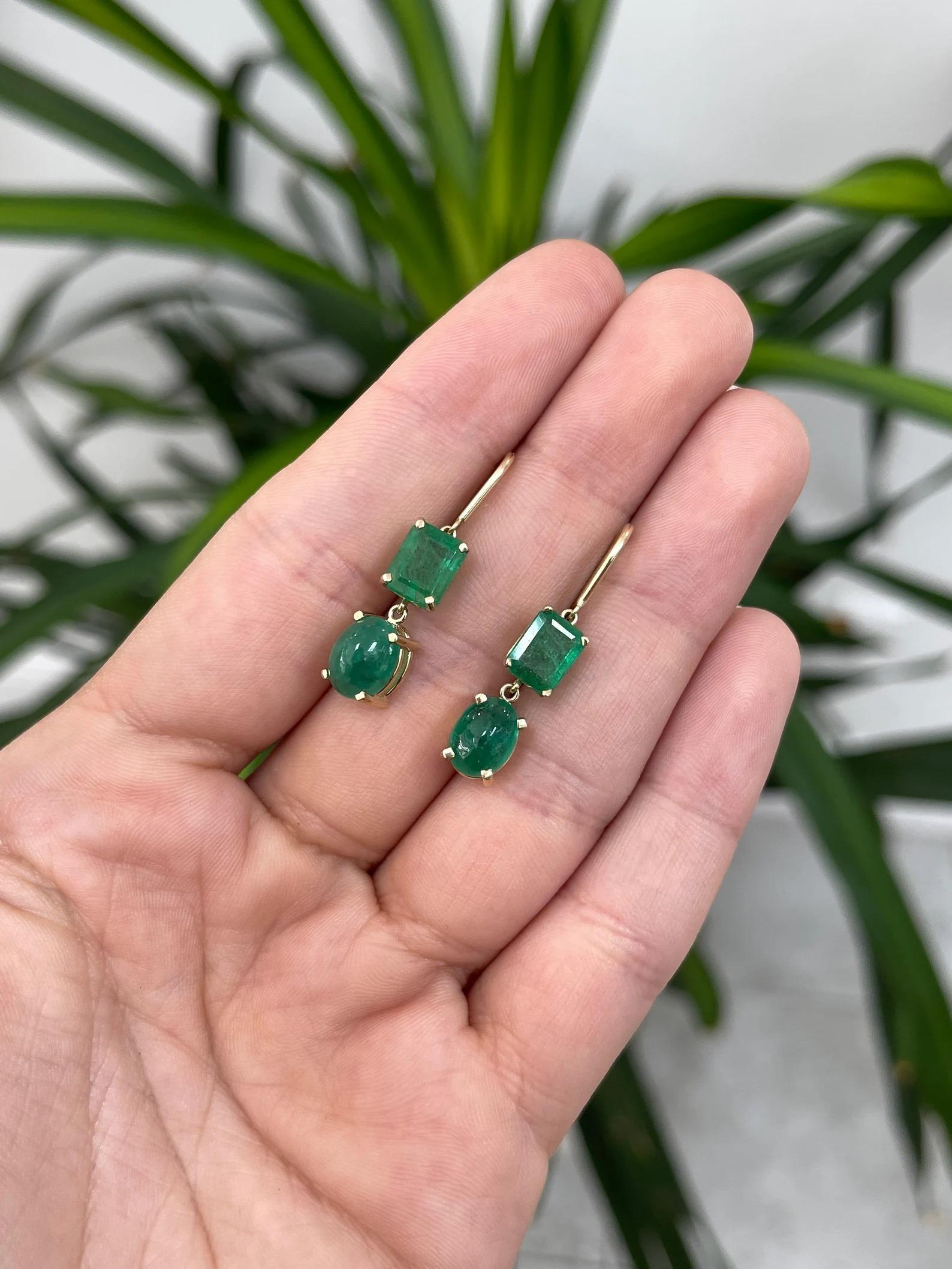 Modern 8.45tcw Forest Green Emerald-Emerald Cut & Cabochon Dangle Drop Earrings 14K For Sale