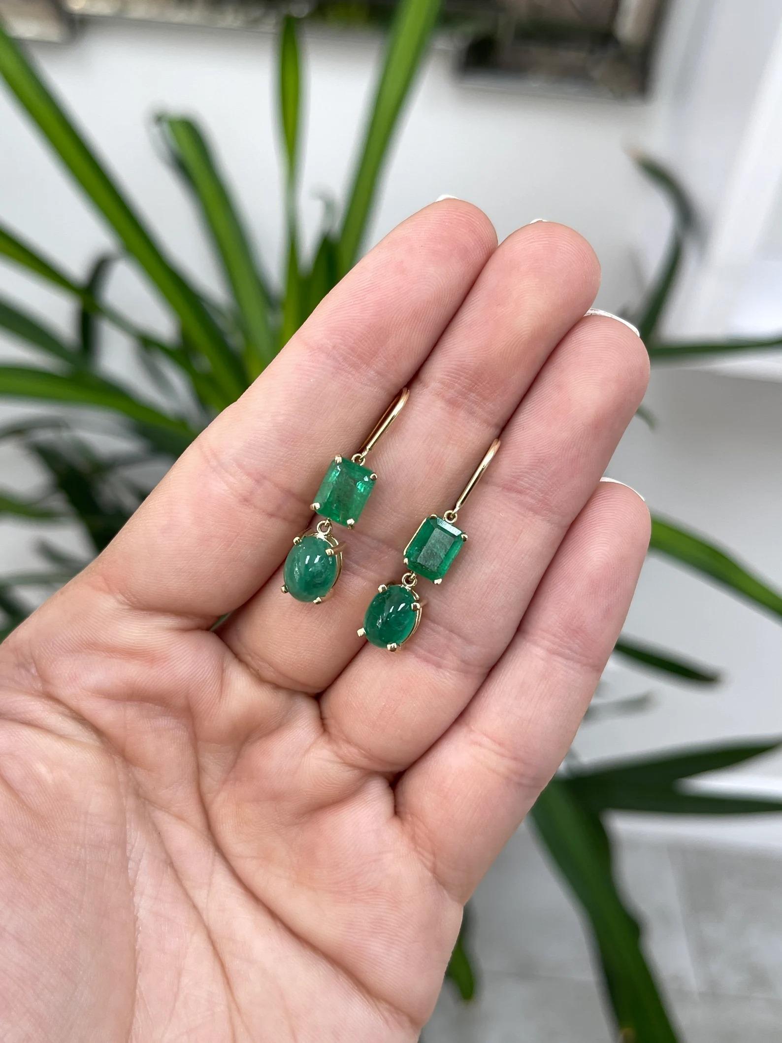 8.45tcw Forest Green Emerald-Emerald Cut & Cabochon Dangle Drop Earrings 14K In New Condition For Sale In Jupiter, FL
