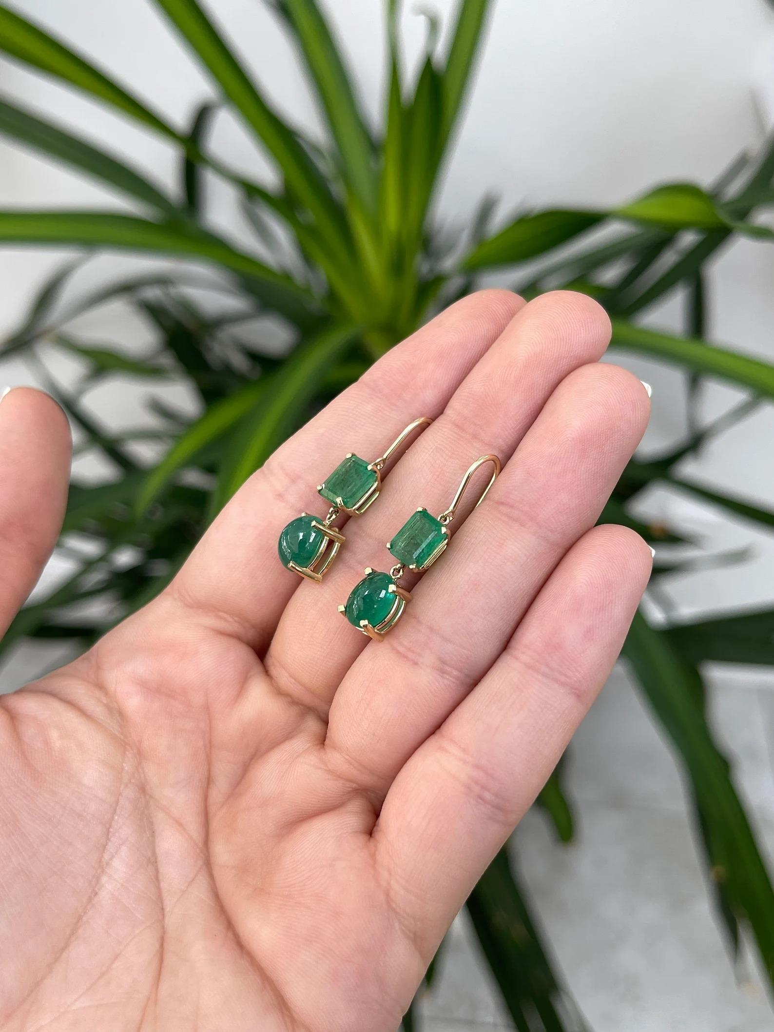 Women's 8.45tcw Forest Green Emerald-Emerald Cut & Cabochon Dangle Drop Earrings 14K For Sale