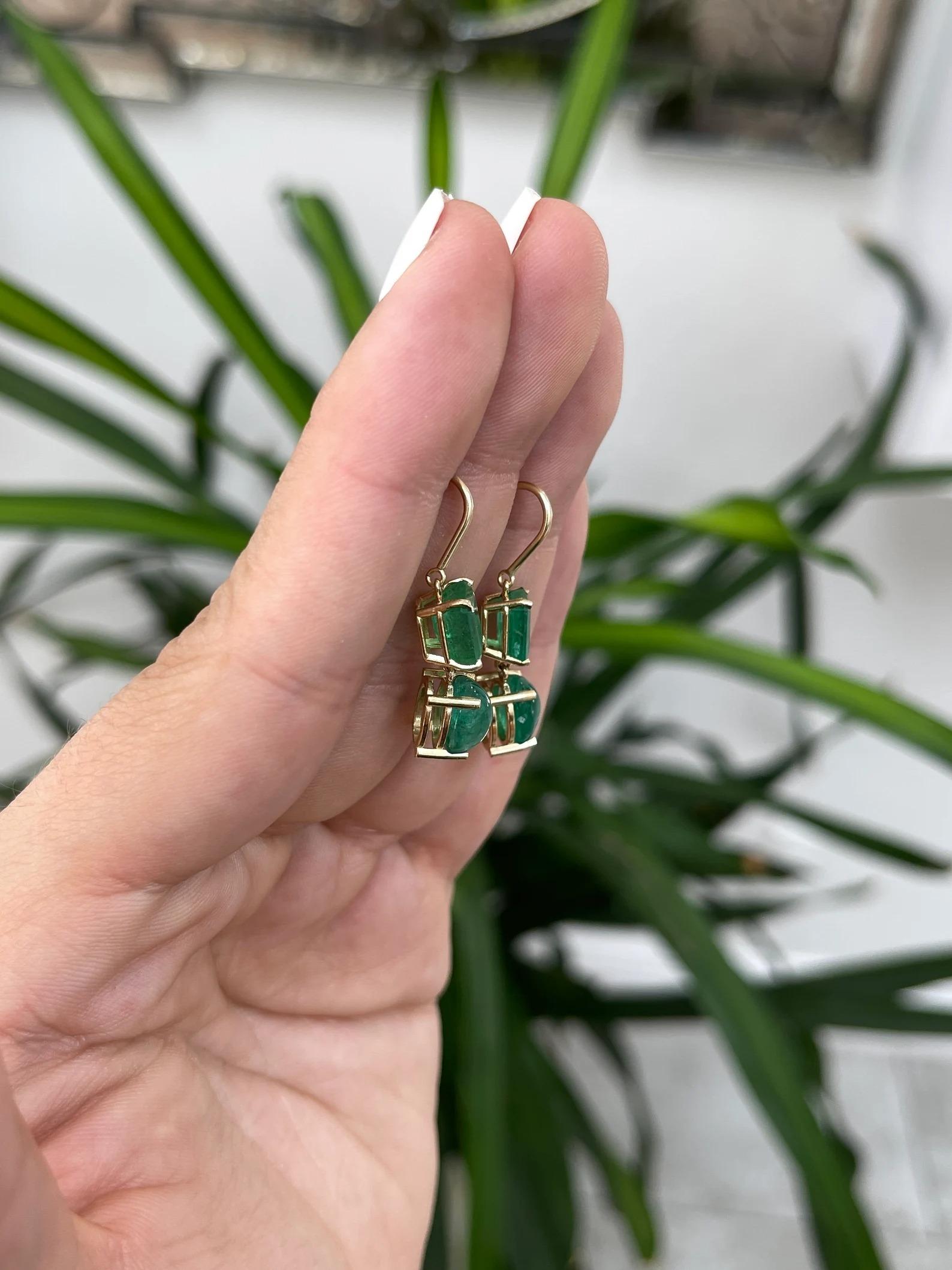 8.45tcw Forest Green Emerald-Emerald Cut & Cabochon Dangle Drop Earrings 14K For Sale 1