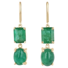 Pendientes colgantes de esmeralda verde bosque de 8,45 quilates, talla esmeralda y cabujón 14K