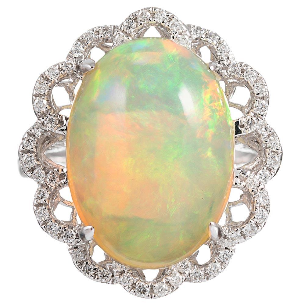 8.46 Carat Cabochon Opal and Diamond Lace Ring