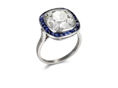 8.46 carat Diamond and sapphire target ring, circa 1920.
