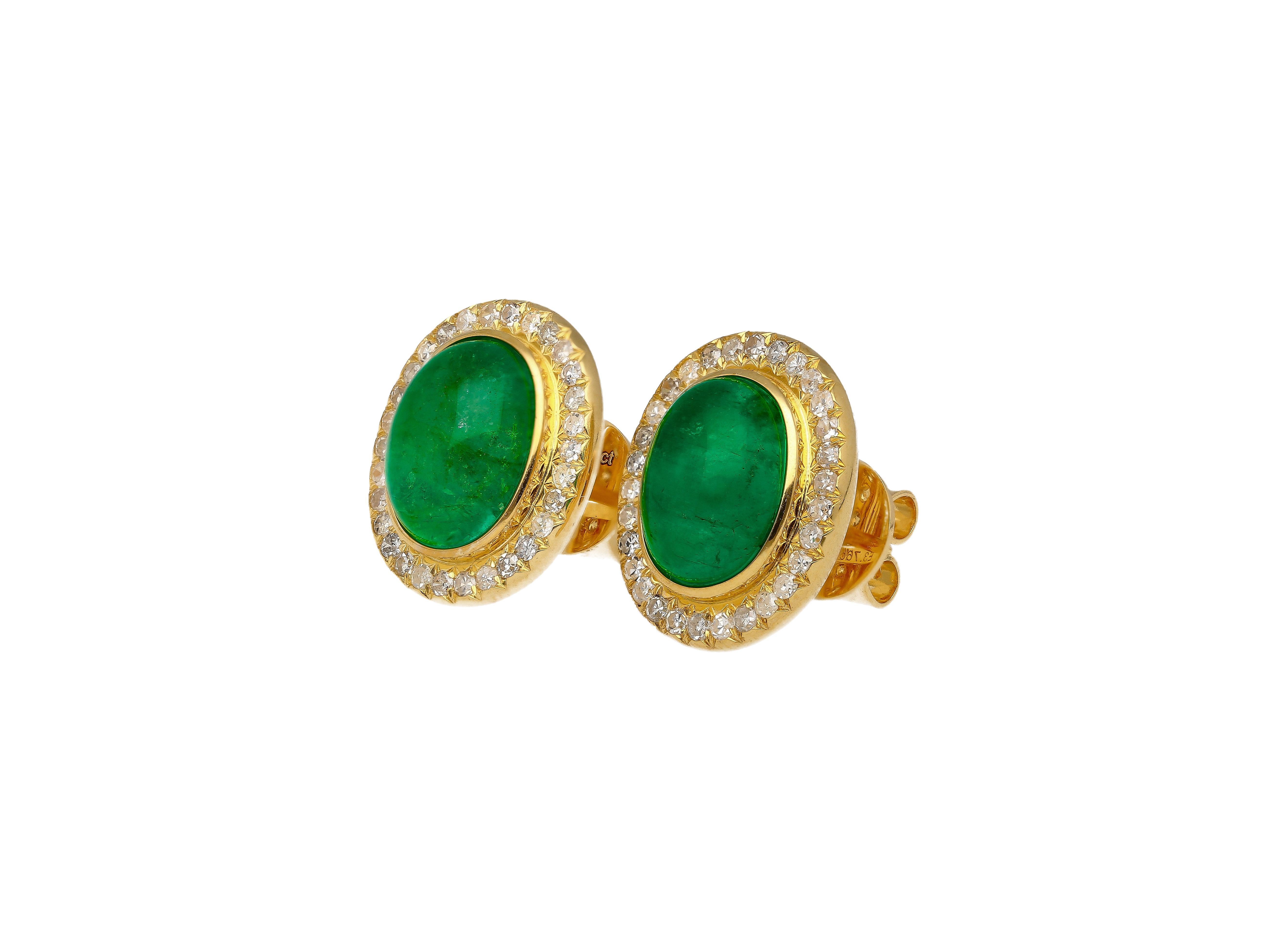 Art Deco 8.47 Carat Cabochon Emerald and Diamond Halo Earrings in 18K Gold For Sale