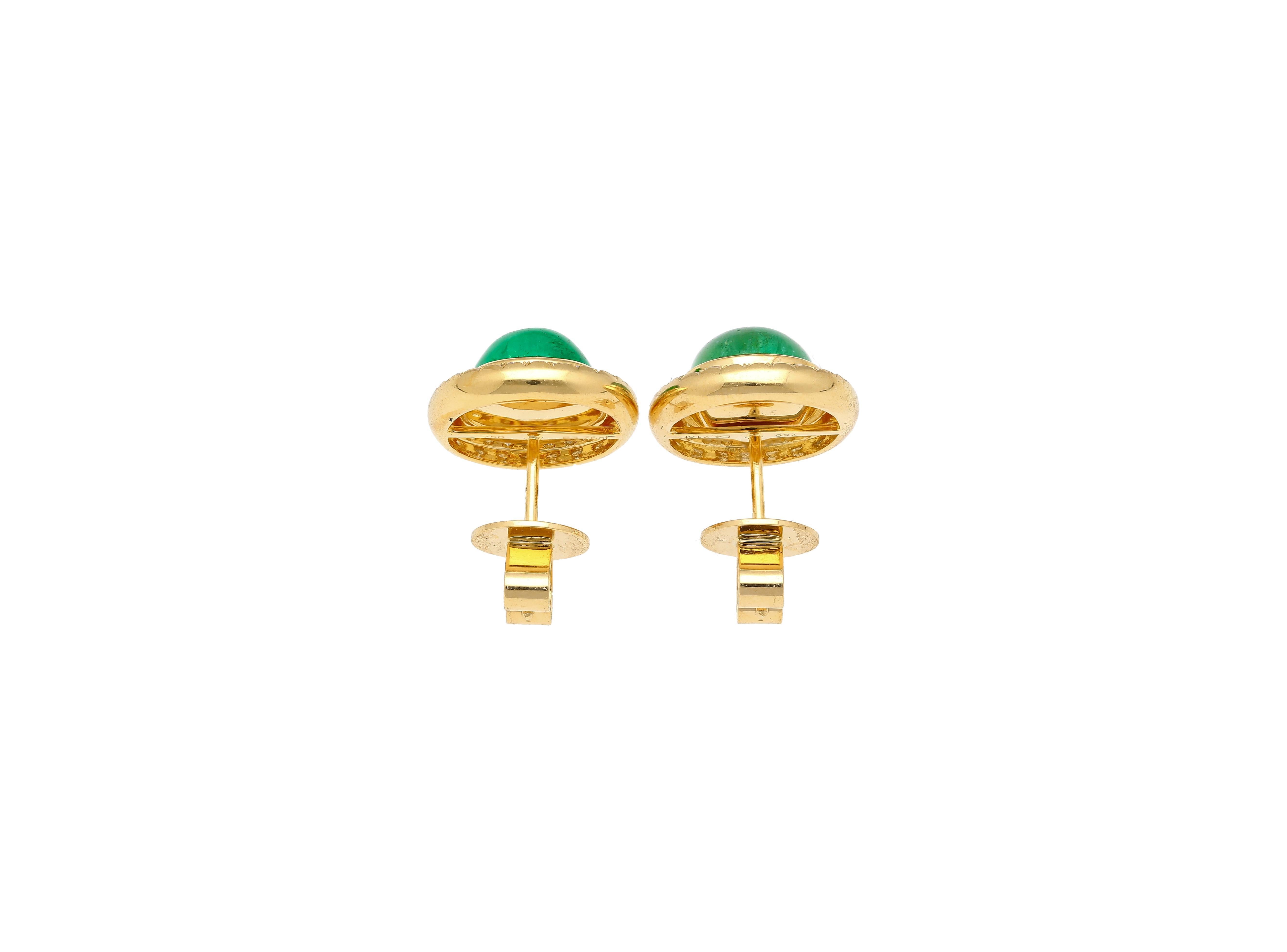Oval Cut 8.47 Carat Cabochon Emerald and Diamond Halo Earrings in 18K Gold For Sale