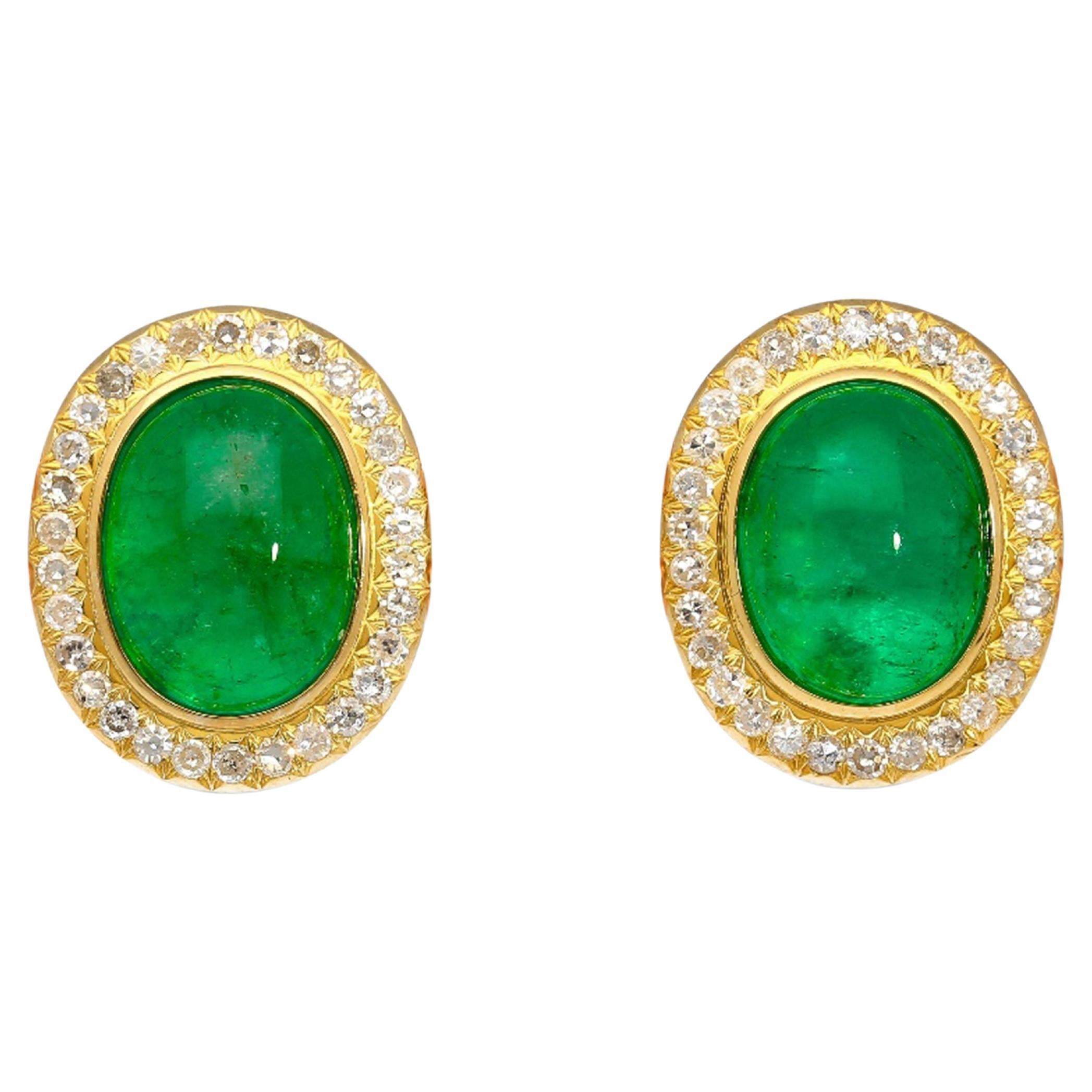 8.47 Carat Cabochon Emerald and Diamond Halo Earrings in 18K Gold