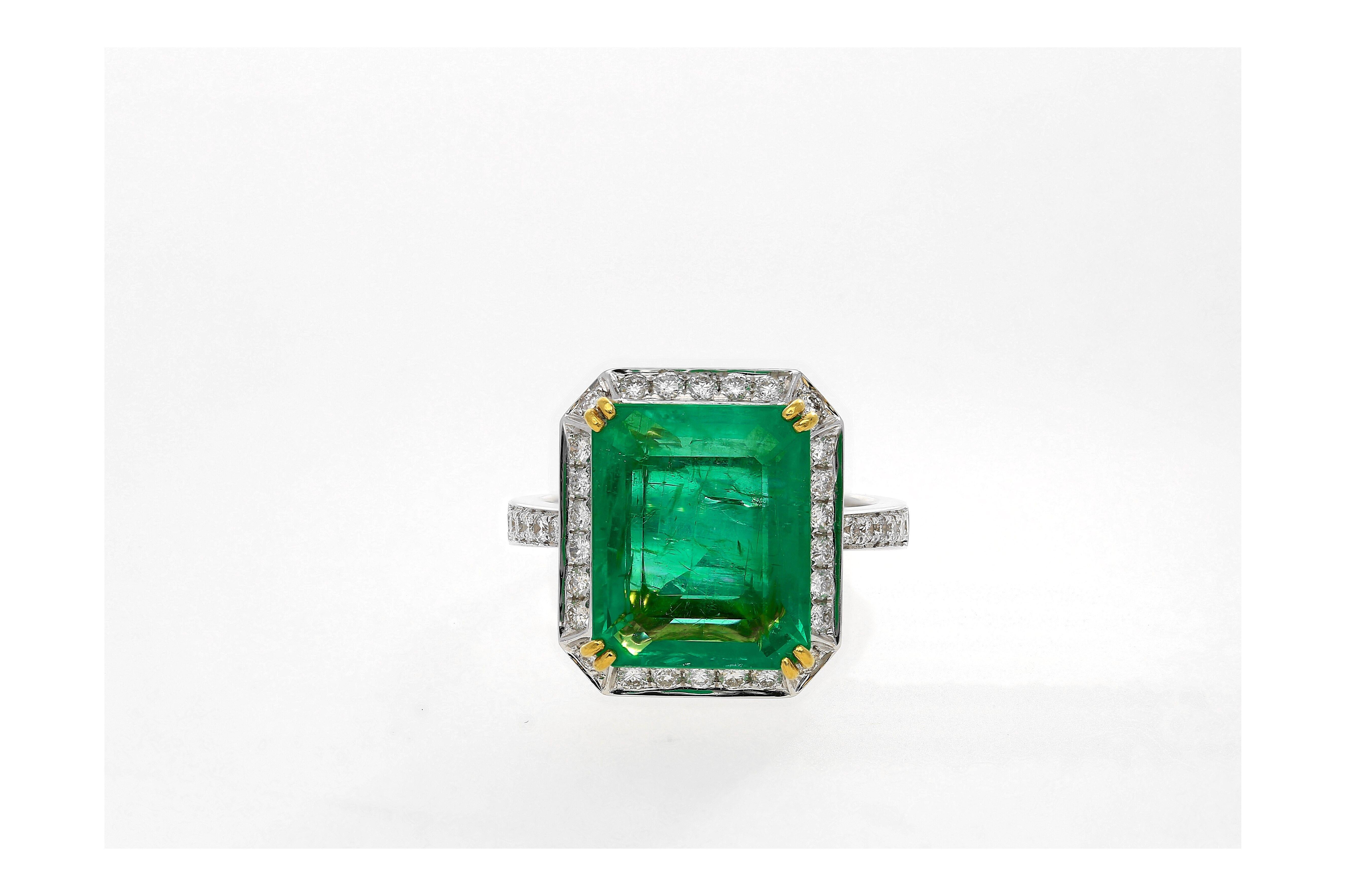 Centering an 8.47 carat Emerald-Cut Colombian Emerald, accented by 0.55 carats of Round-Brilliant Cut Diamonds, and set in 18K White/Yellow Gold, this lush green Emerald Ring is sure to steal the show!

Details:
✔ Gemstone: Emerald
✔ Color: Vivid