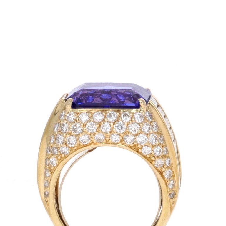 Modern Emerald Cut Tanzanite and Diamond Cocktail Ring For Sale