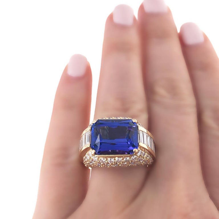 Women's or Men's Emerald Cut Tanzanite and Diamond Cocktail Ring For Sale