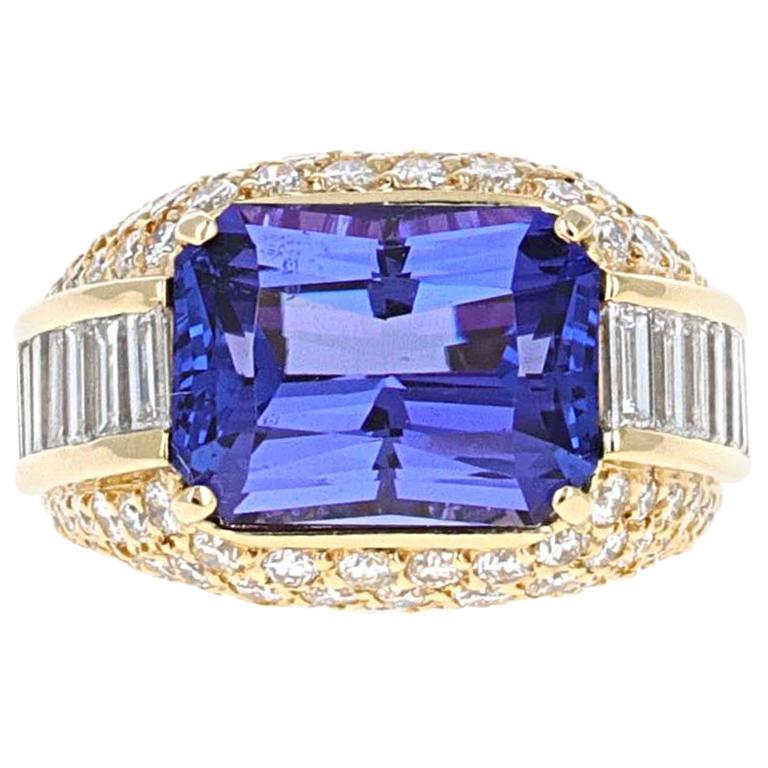 Emerald Cut Tanzanite and Diamond Cocktail Ring For Sale