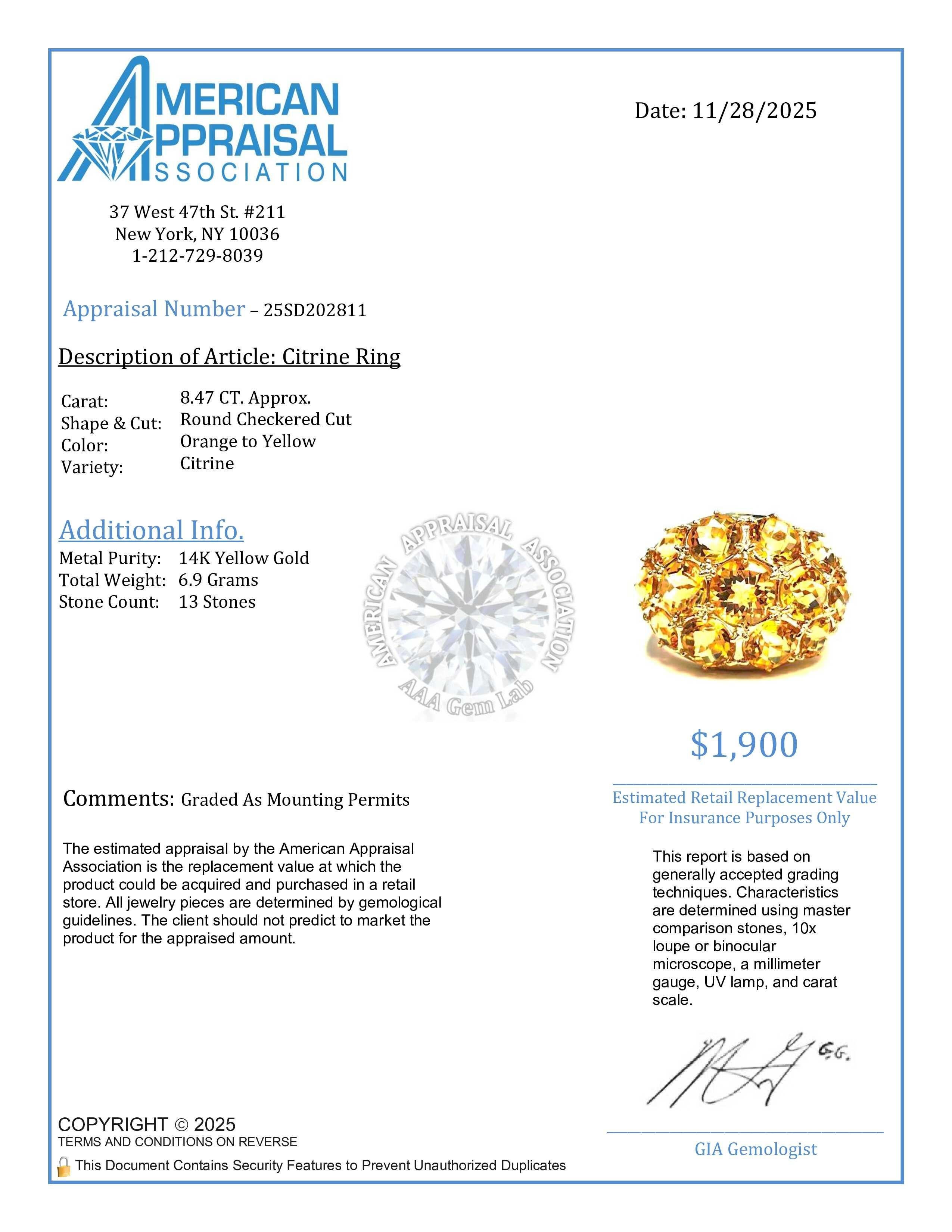 8.47 Carats Total Round Checkered Cut Citrine Cluster Ring 14 Karat Yellow Gold im Angebot 4