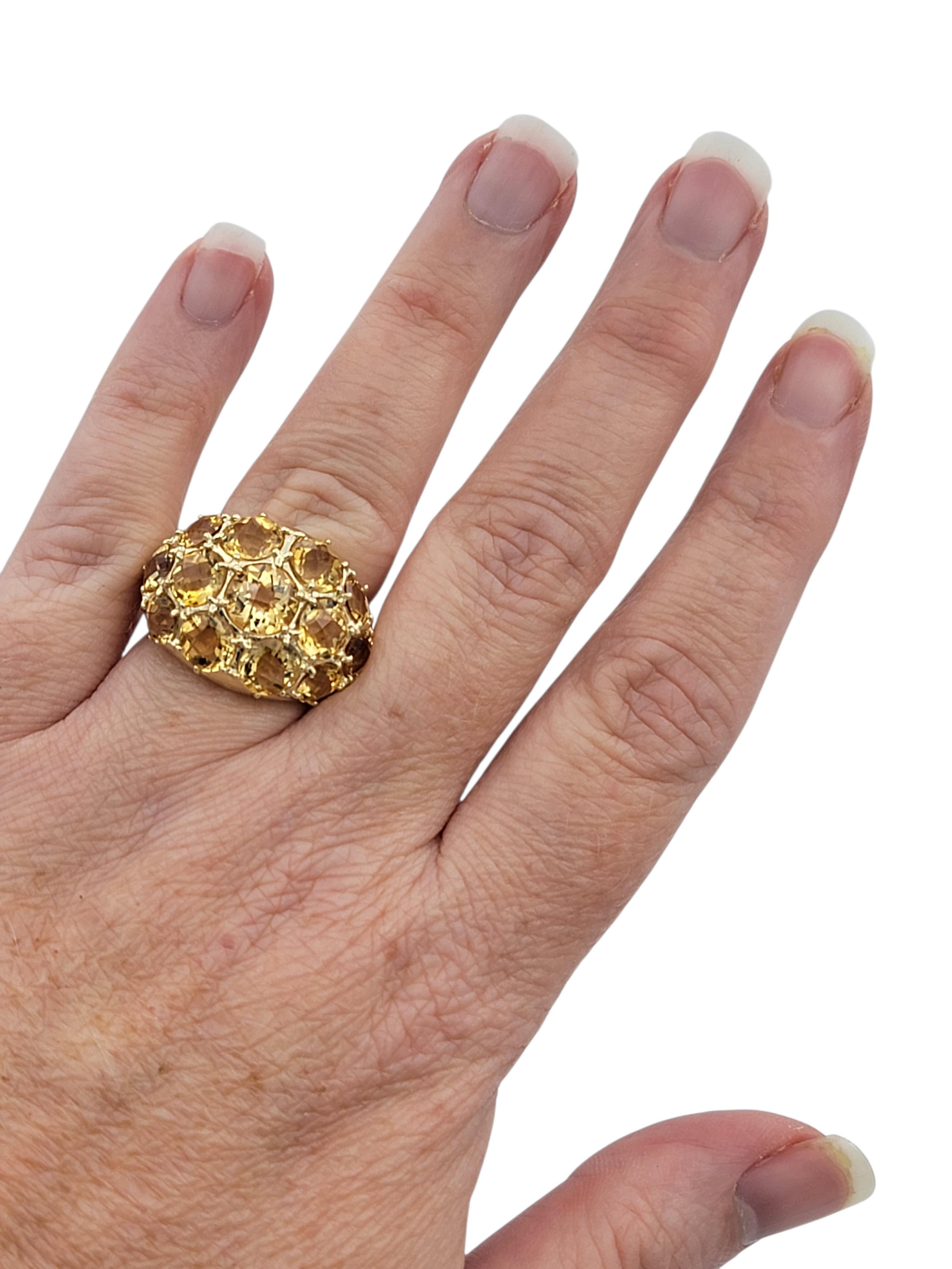 8.47 Carats Total Round Checkered Cut Citrine Cluster Ring 14 Karat Yellow Gold im Angebot 1