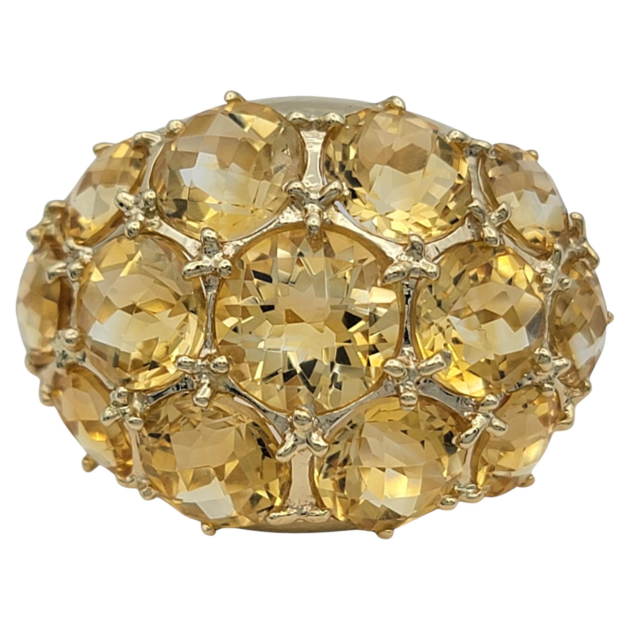 8.47 Carats Total Round Checkered Cut Citrine Cluster Ring 14 Karat Yellow Gold