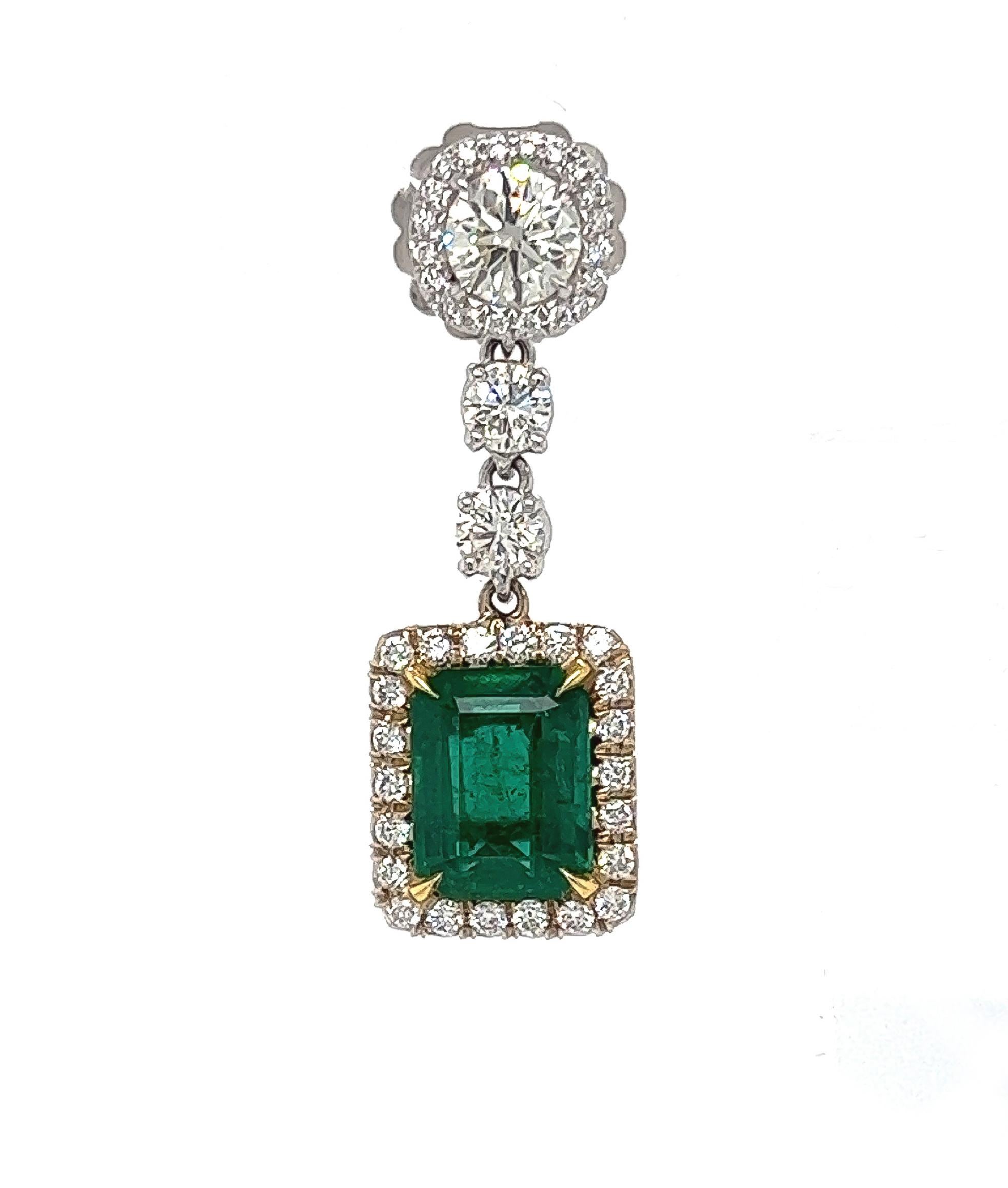Emerald Cut 8.47 Total Carat Emerald and Diamond Drop Earrings in 18K White Gold For Sale