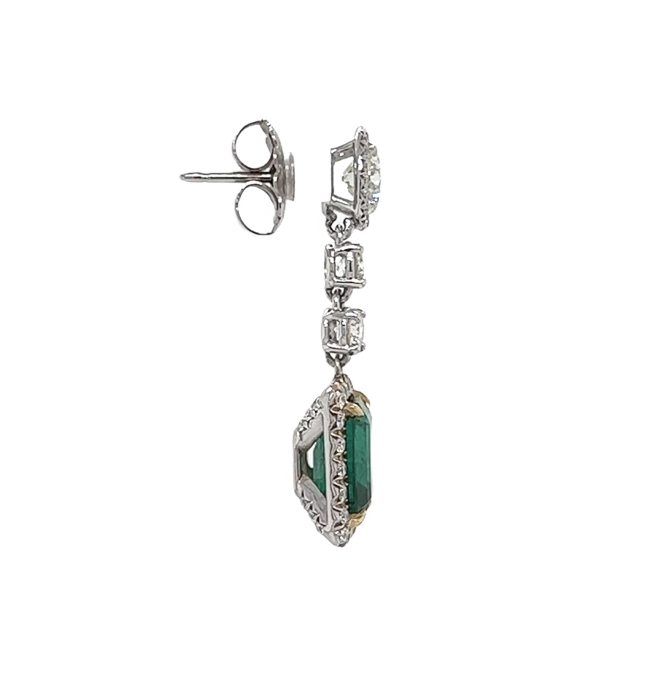 Women's or Men's 8.47 Total Carat Emerald and Diamond Drop Earrings in 18K White Gold For Sale
