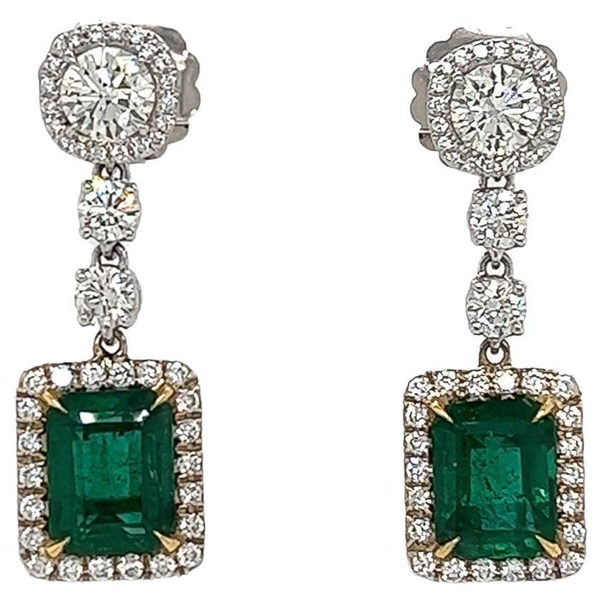 8.47 Total Carat Emerald and Diamond Drop Earrings in 18K White Gold For Sale