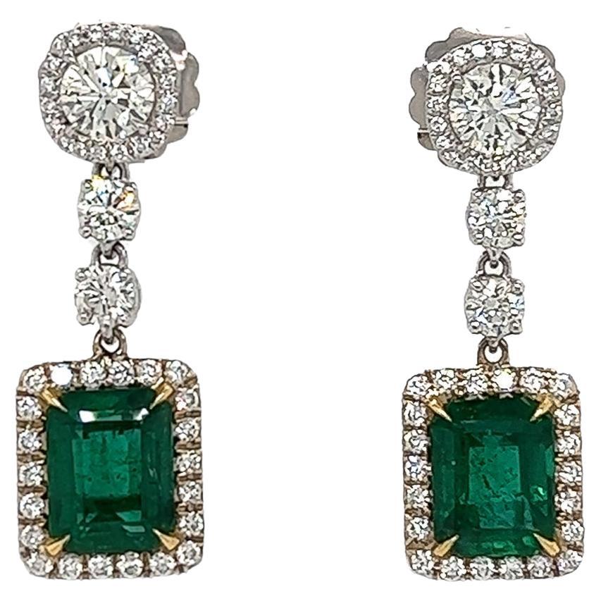 8.47 Total Carat Emerald and Diamond Drop Earrings in 18K White Gold
