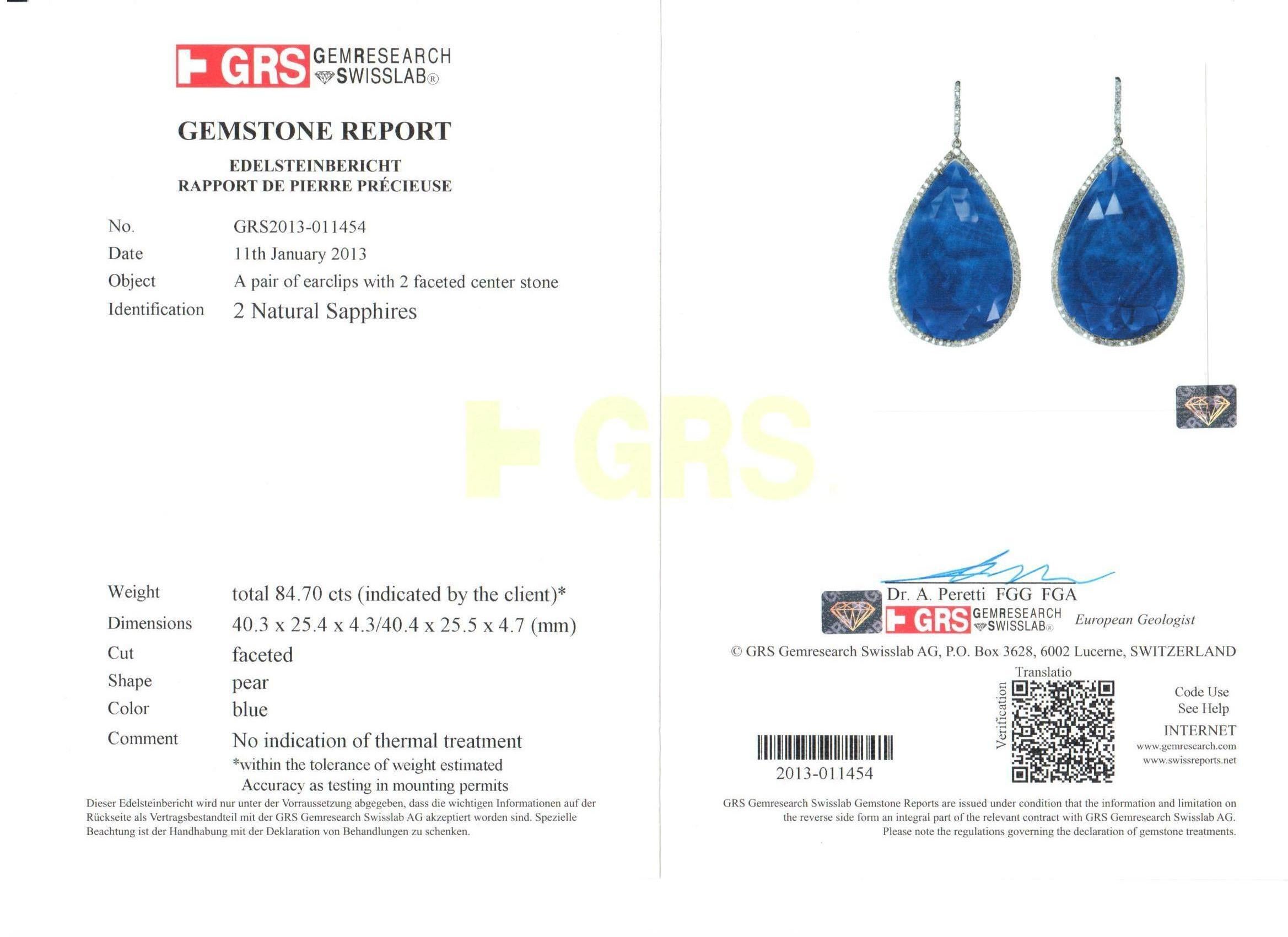 84.70 Carat GRS Certified No Heat Rose Cut Sapphire and White Diamond Earrings For Sale 3
