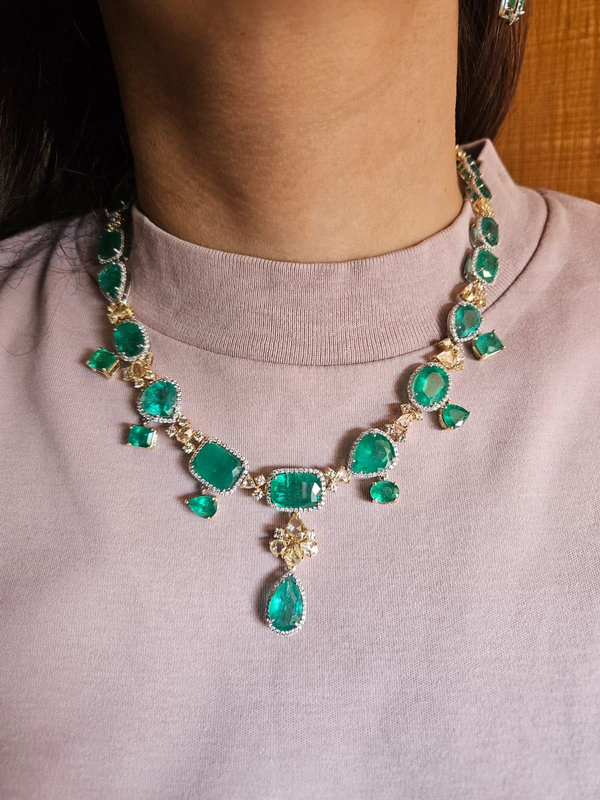 84.76 carats, Zambian Emeralds & Yellow Rose Cut Diamonds Necklace & Earrings For Sale 2
