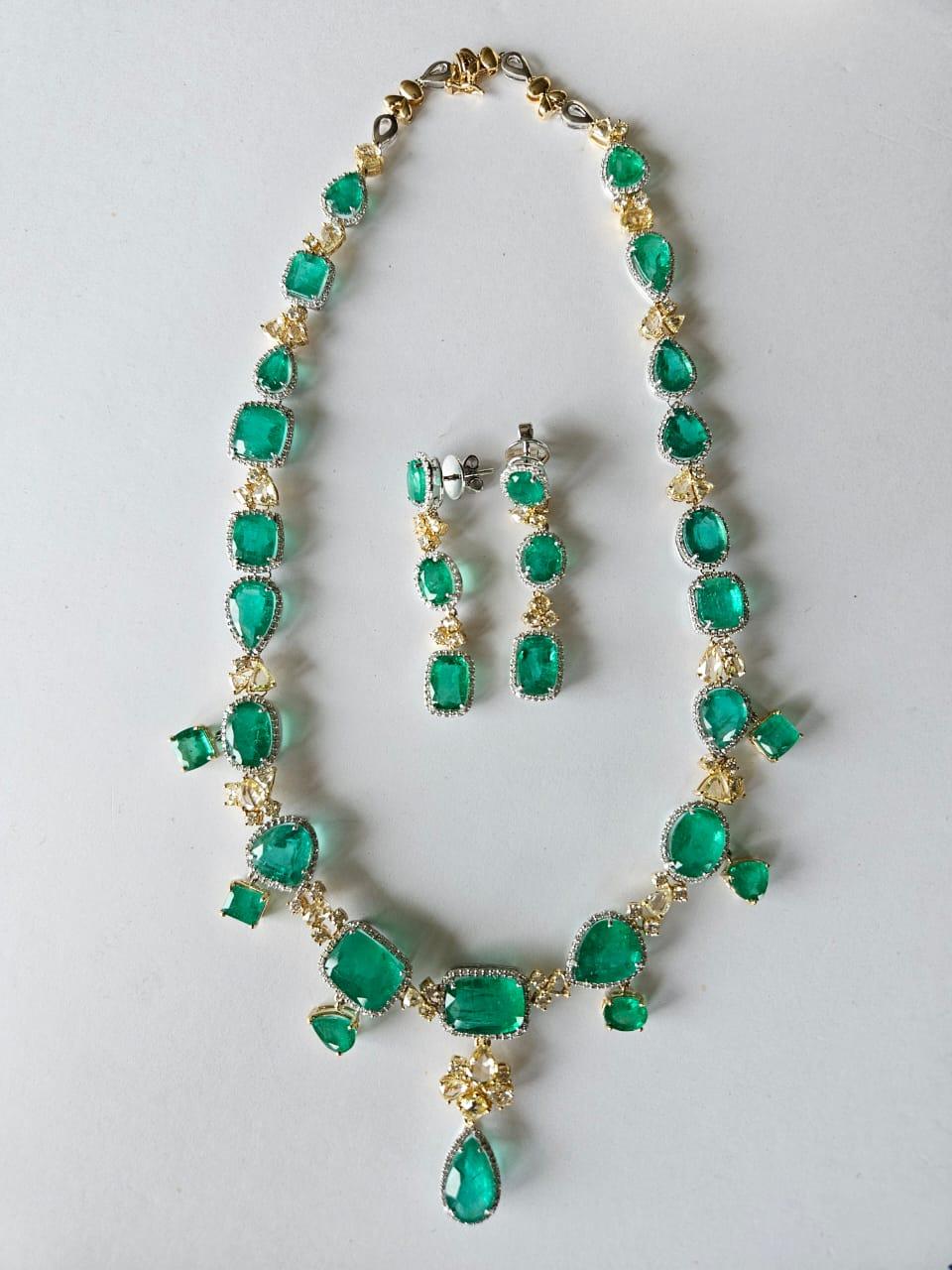 84.76 carats, Zambian Emeralds & Yellow Rose Cut Diamonds Necklace & Earrings For Sale 3