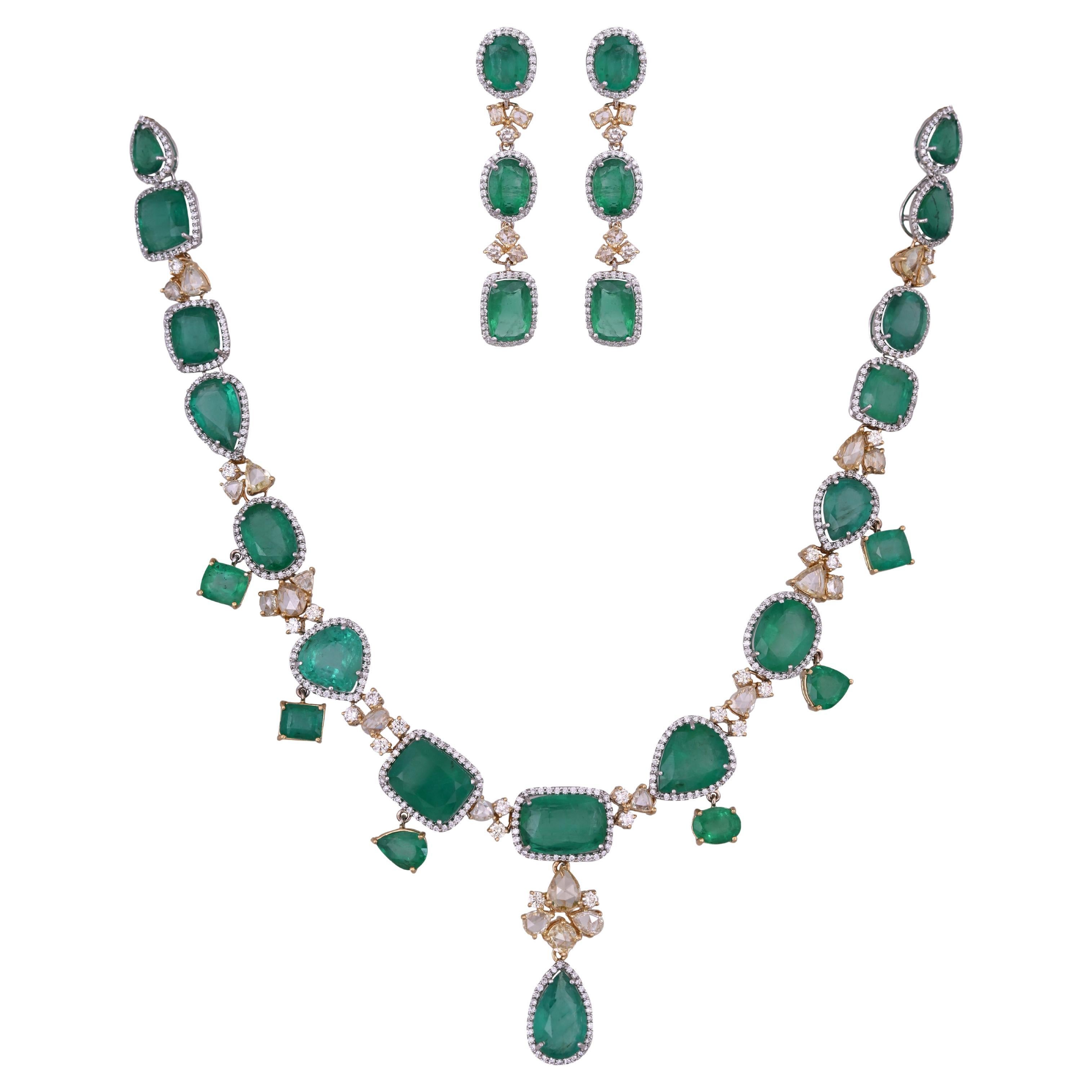 84.76 carats, Zambian Emeralds & Yellow Rose Cut Diamonds Necklace & Earrings For Sale