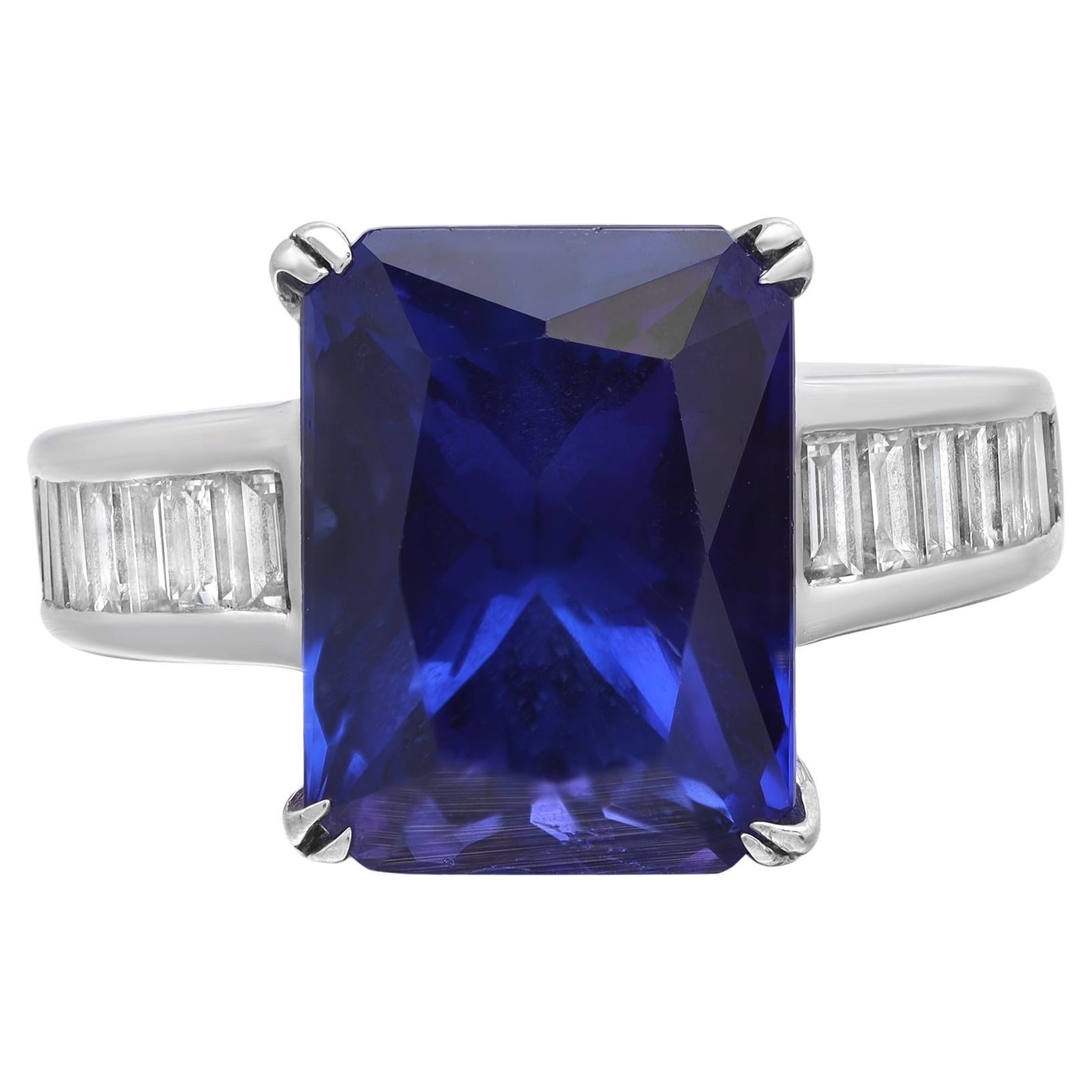 8.47Cts Emerald Cut Tanzanite 1.00Cts Diamond Ring 18K White Gold For Sale