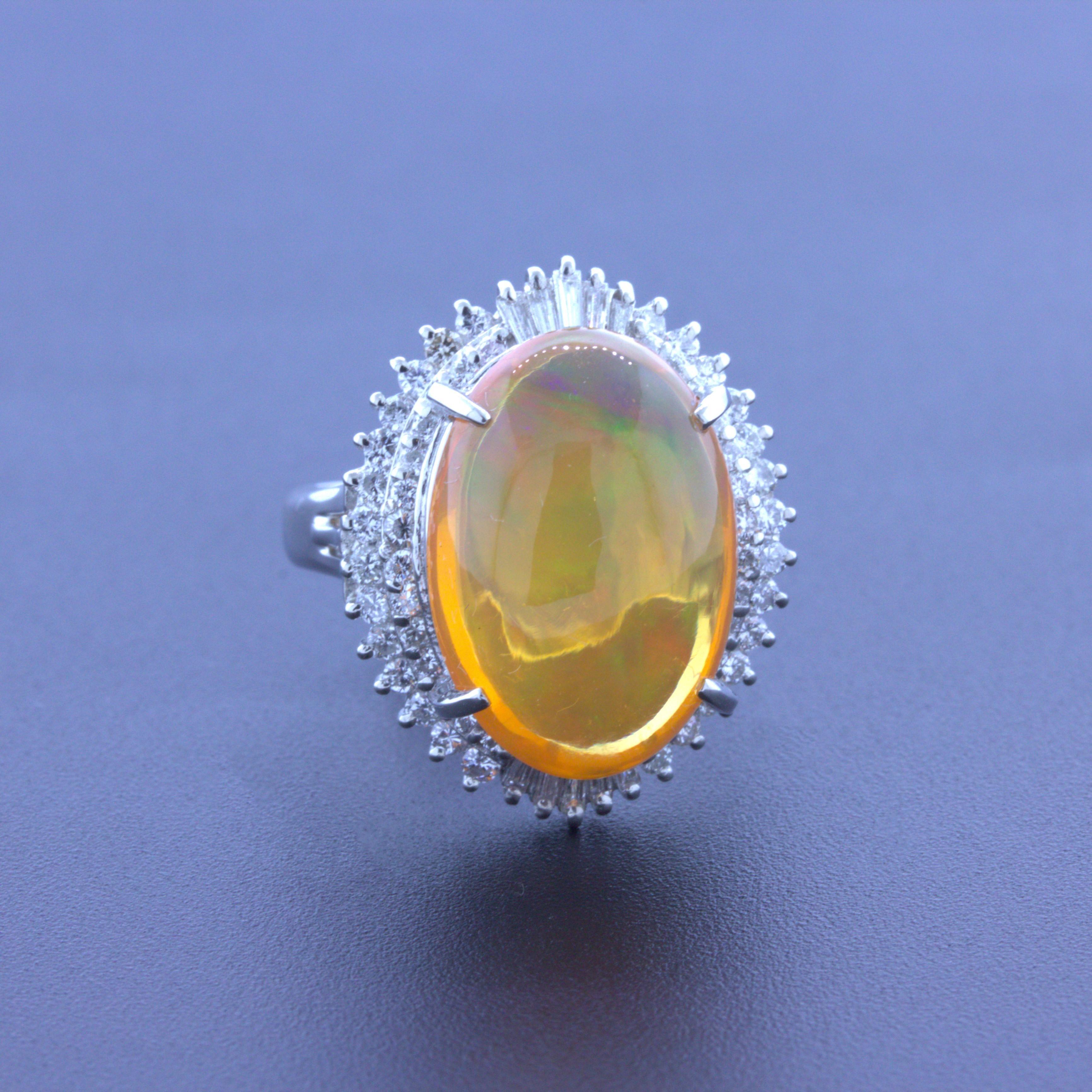 Cabochon 8.48 Carat Mexican Fire Opal Diamond Platinum Ring For Sale