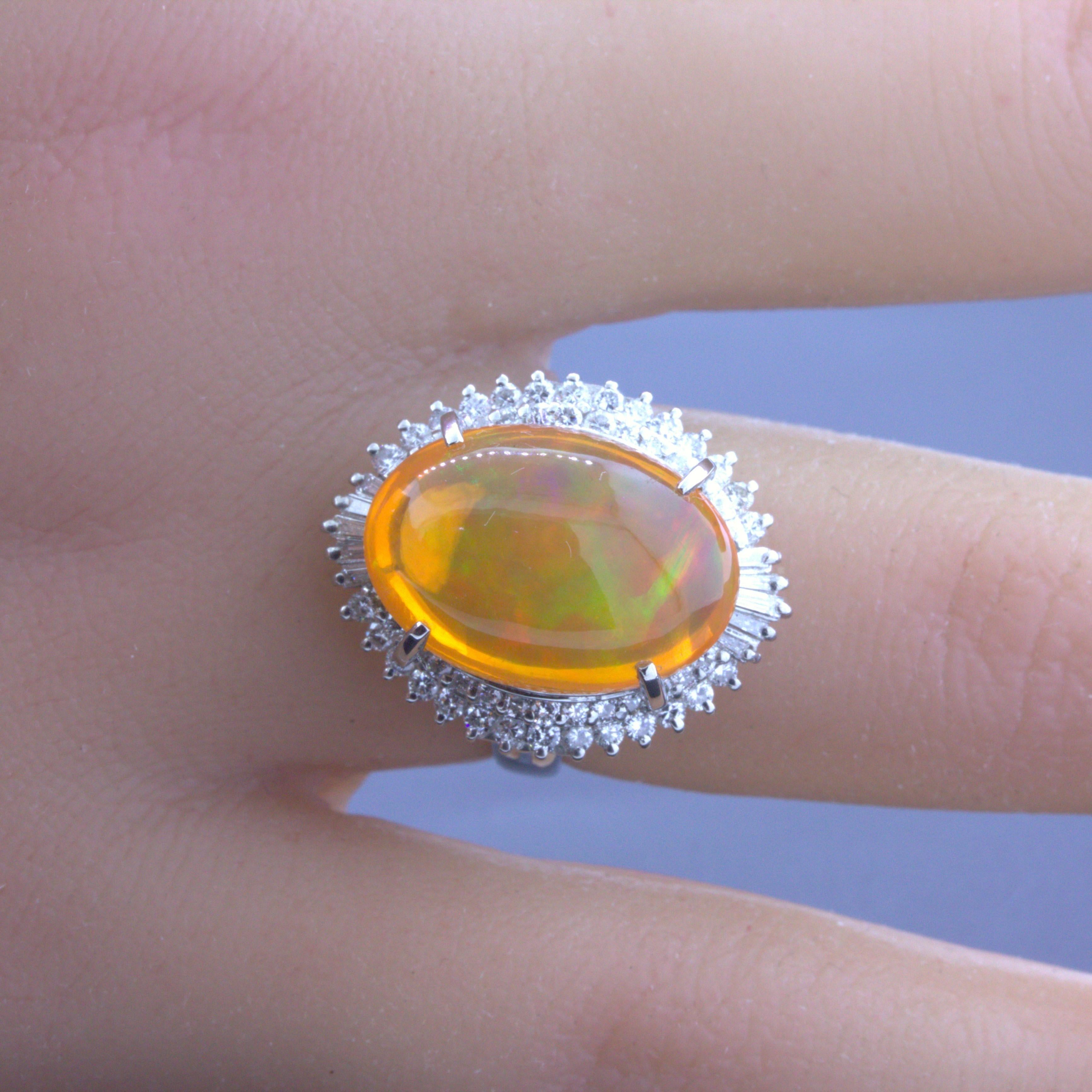 8.48 Carat Mexican Fire Opal Diamond Platinum Ring In New Condition For Sale In Beverly Hills, CA