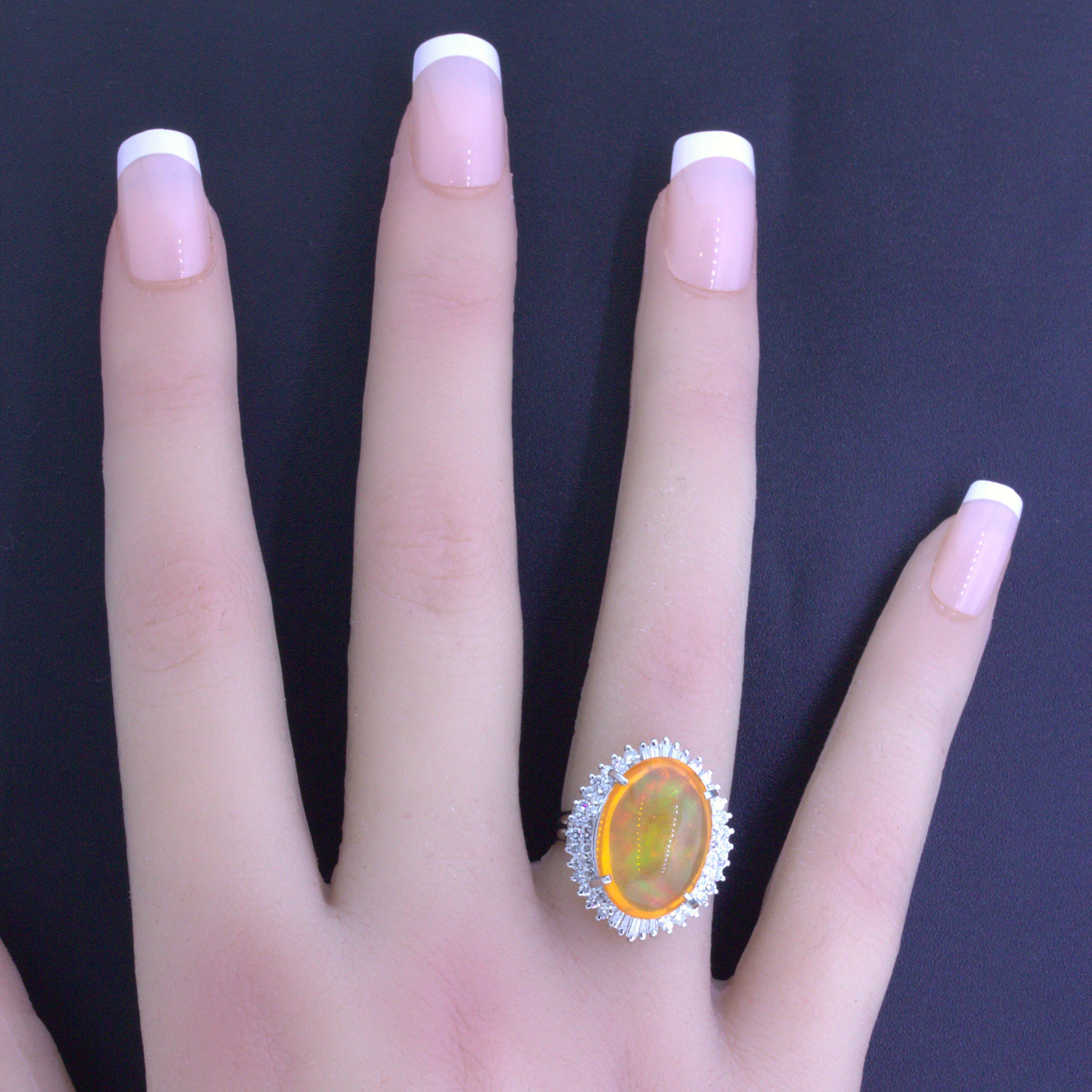Women's 8.48 Carat Mexican Fire Opal Diamond Platinum Ring For Sale