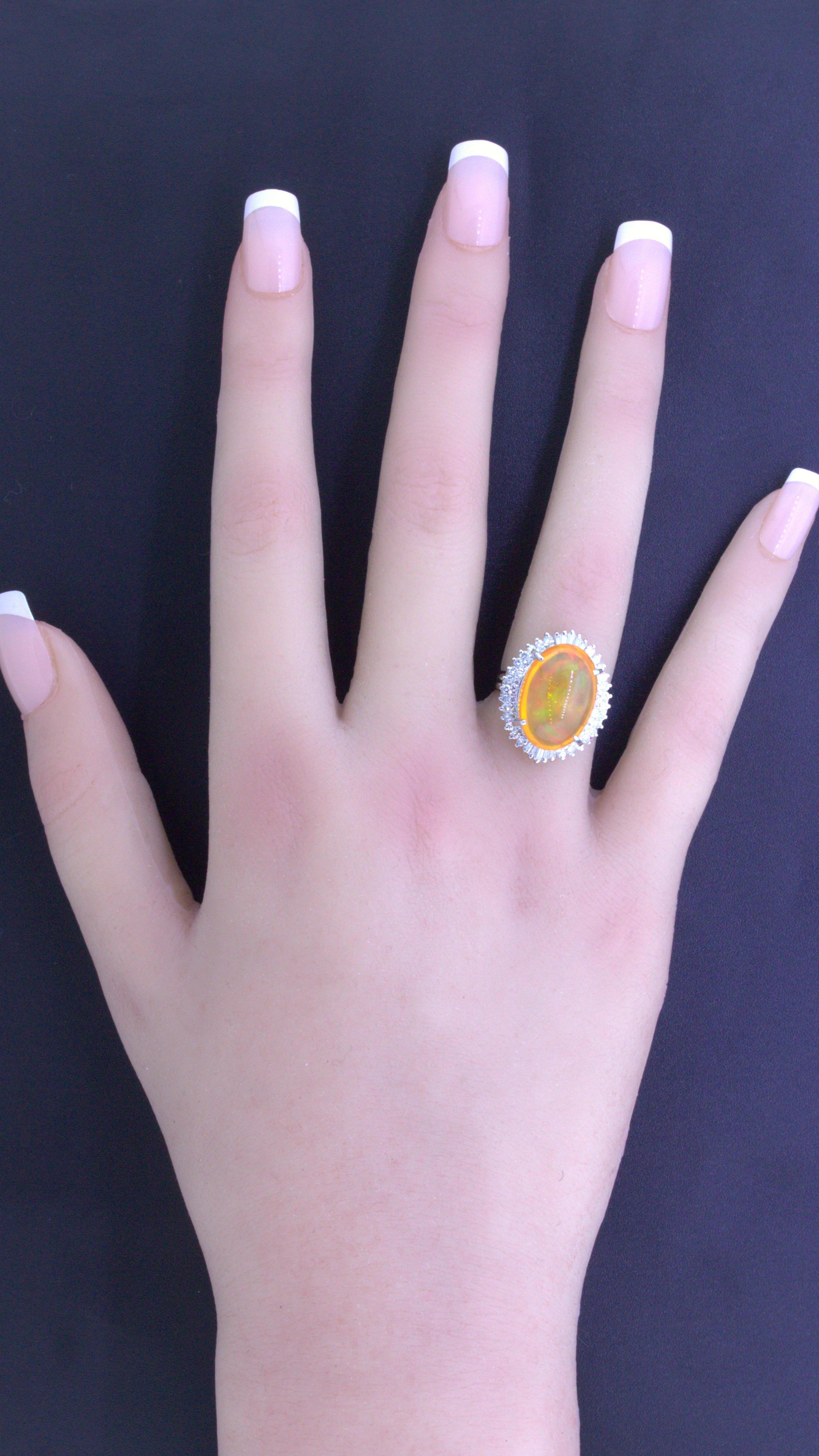 8.48 Carat Mexican Fire Opal Diamond Platinum Ring For Sale 1