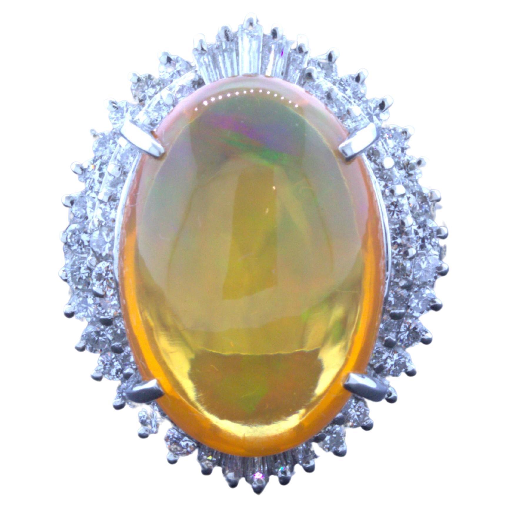 8.48 Carat Mexican Fire Opal Diamond Platinum Ring For Sale