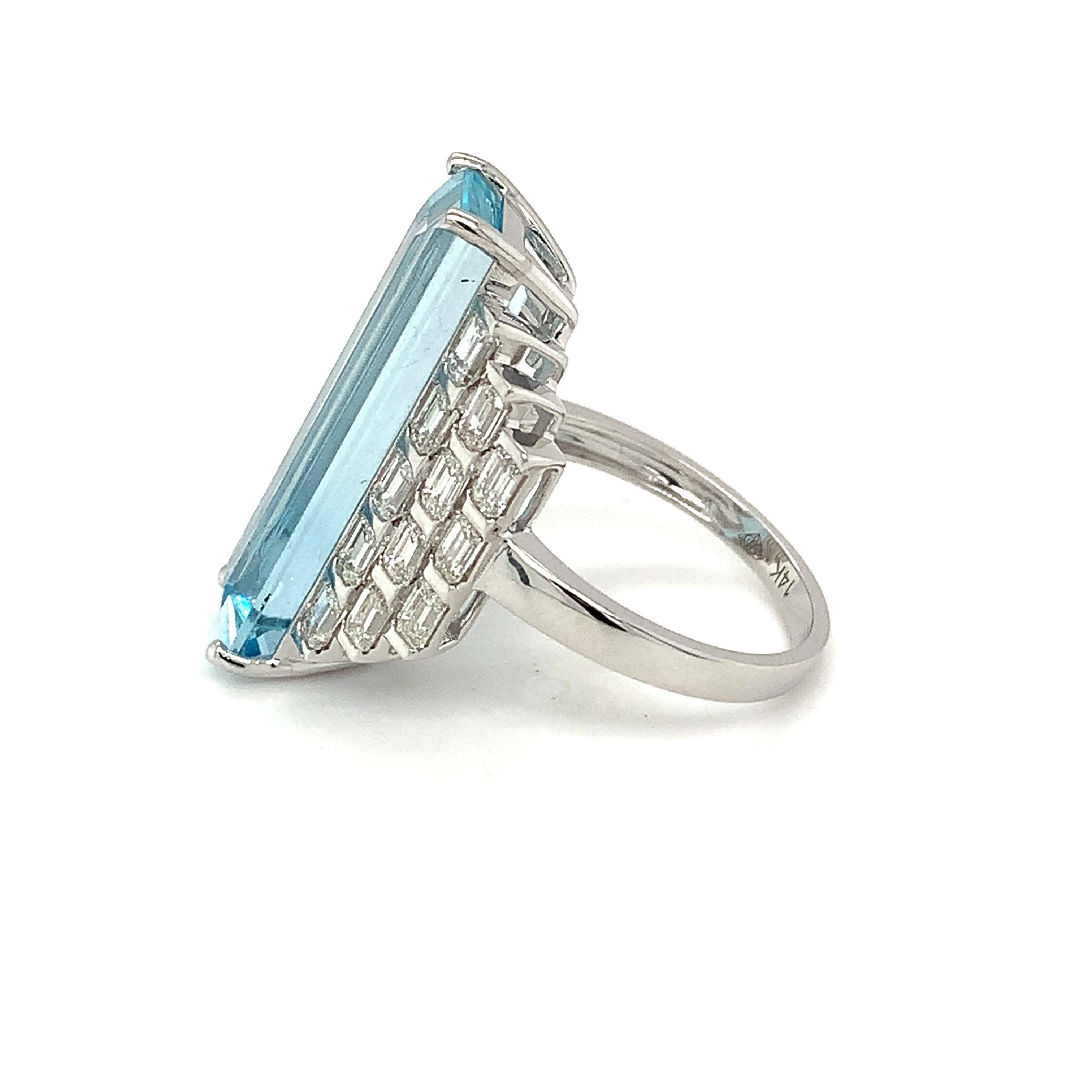 Baguette Cut 8.49 Carat Aquamarine Diamond White Gold Deco Ring