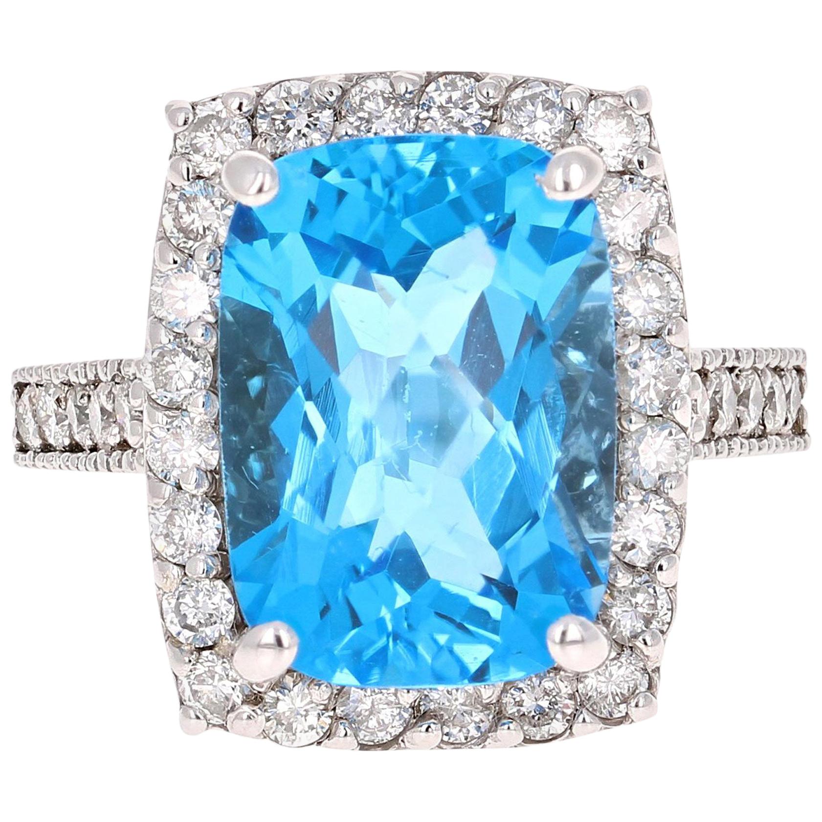 8.49 Carat Blue Topaz Halo Diamond White Gold Engagement Ring For Sale