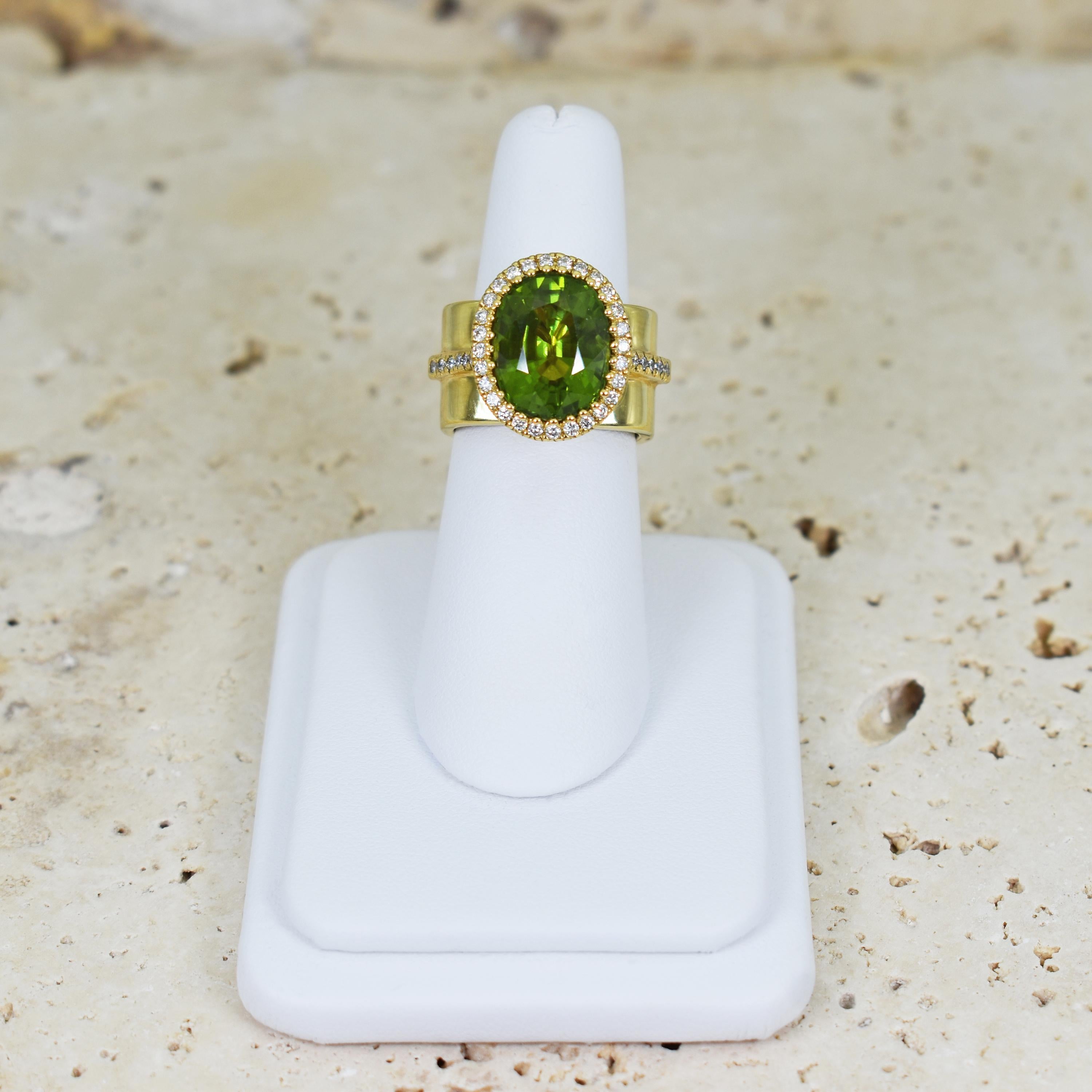 8.49 Carat Burmese Peridot and Diamond Halo 18k Gold Cocktail Ring For Sale 3