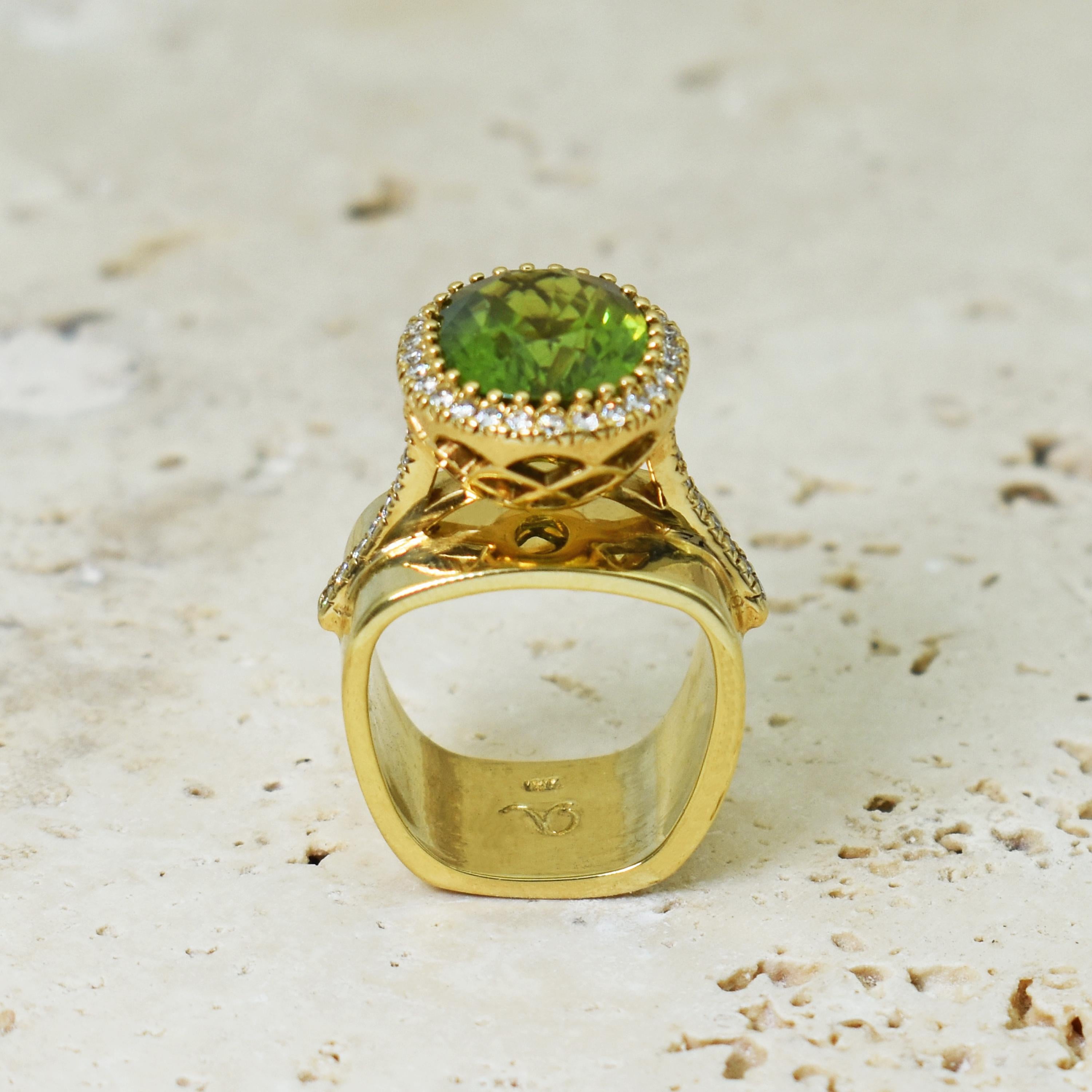 Contemporary 8.49 Carat Burmese Peridot and Diamond Halo 18k Gold Cocktail Ring For Sale