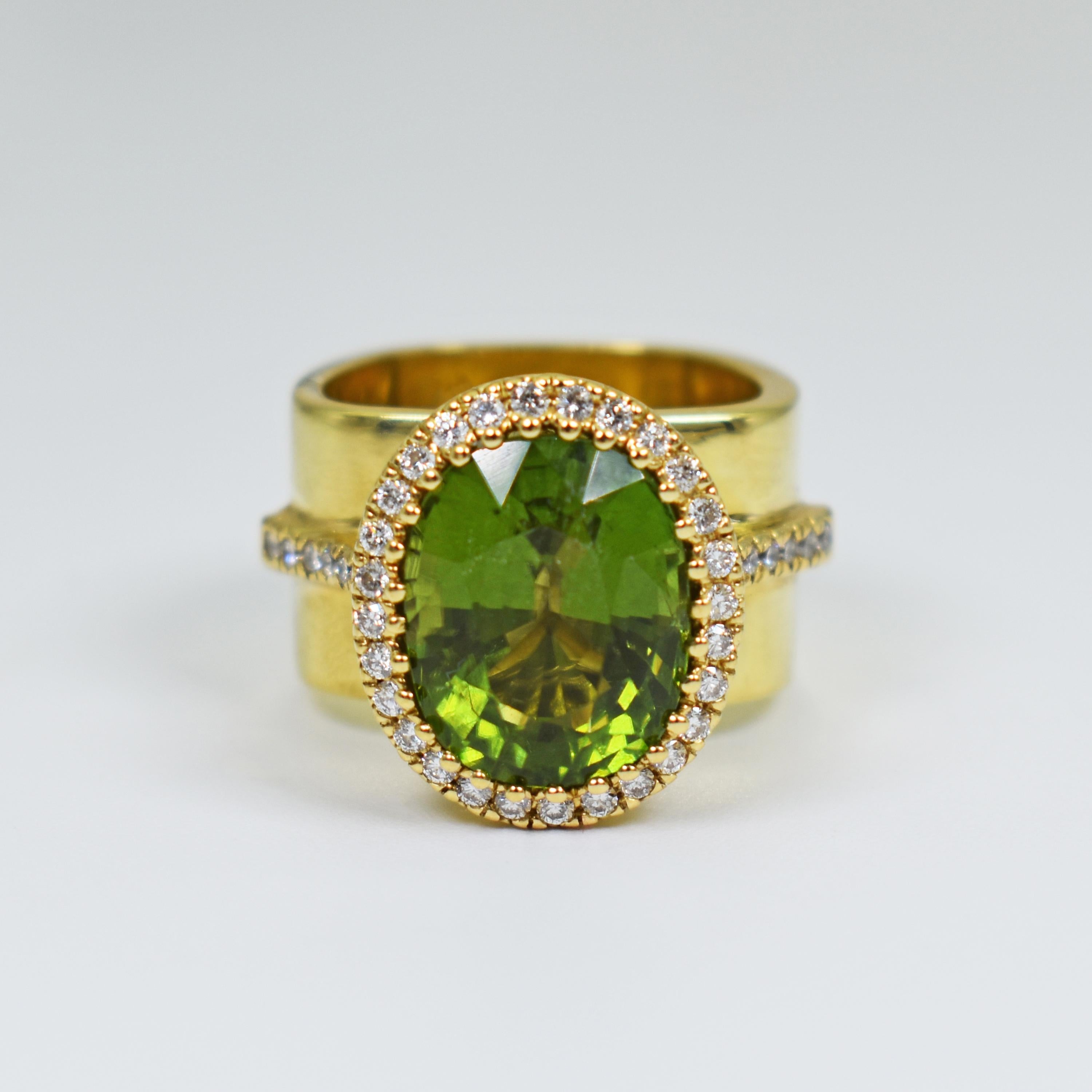 8.49 Carat Burmese Peridot and Diamond Halo 18k Gold Cocktail Ring In New Condition For Sale In Naples, FL