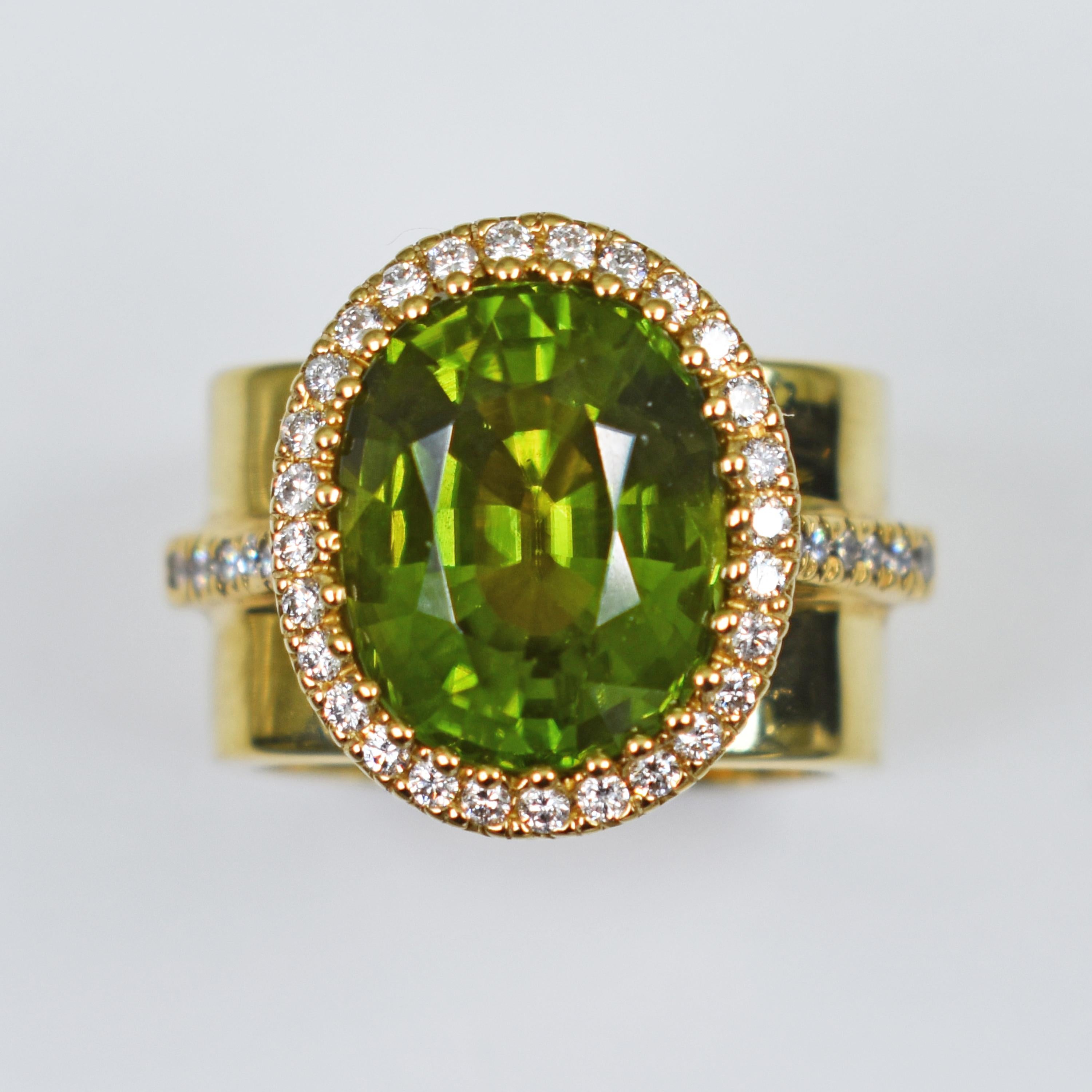 Women's 8.49 Carat Burmese Peridot and Diamond Halo 18k Gold Cocktail Ring For Sale