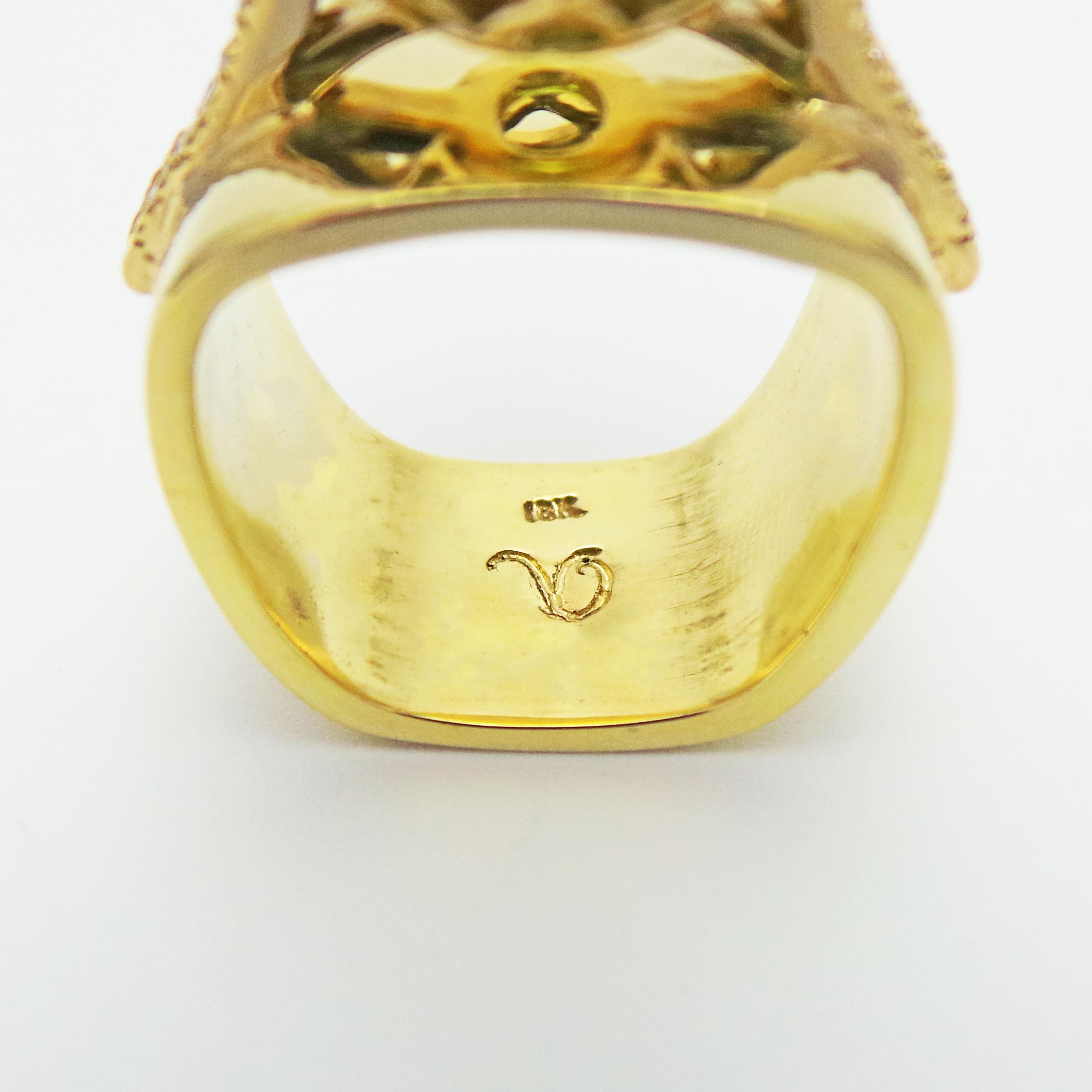 Contemporary 8.49 Carat Burmese Peridot and Diamond Halo 18k Gold Cocktail Ring