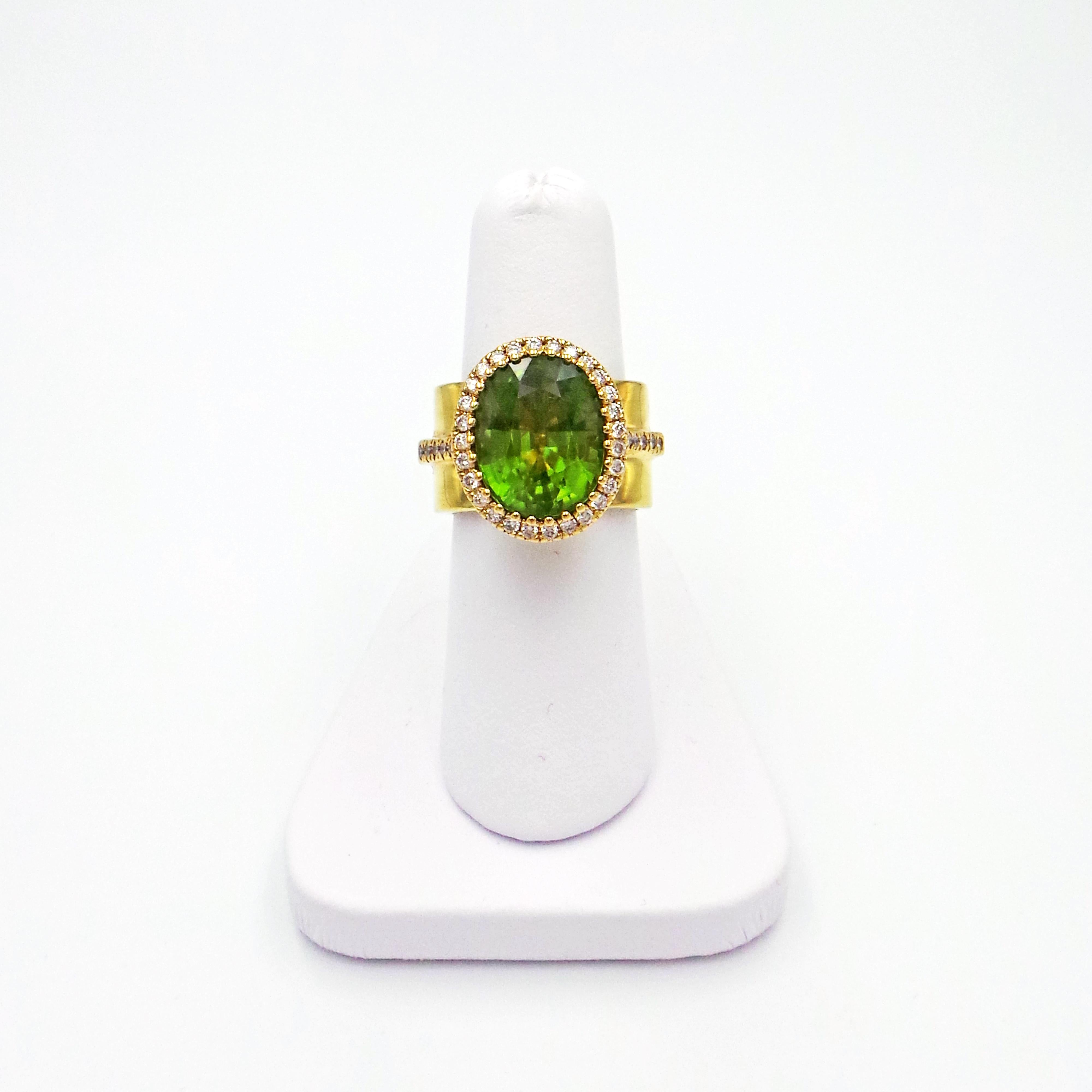 8.49 Carat Burmese Peridot and Diamond Halo 18k Gold Cocktail Ring In New Condition In Naples, FL