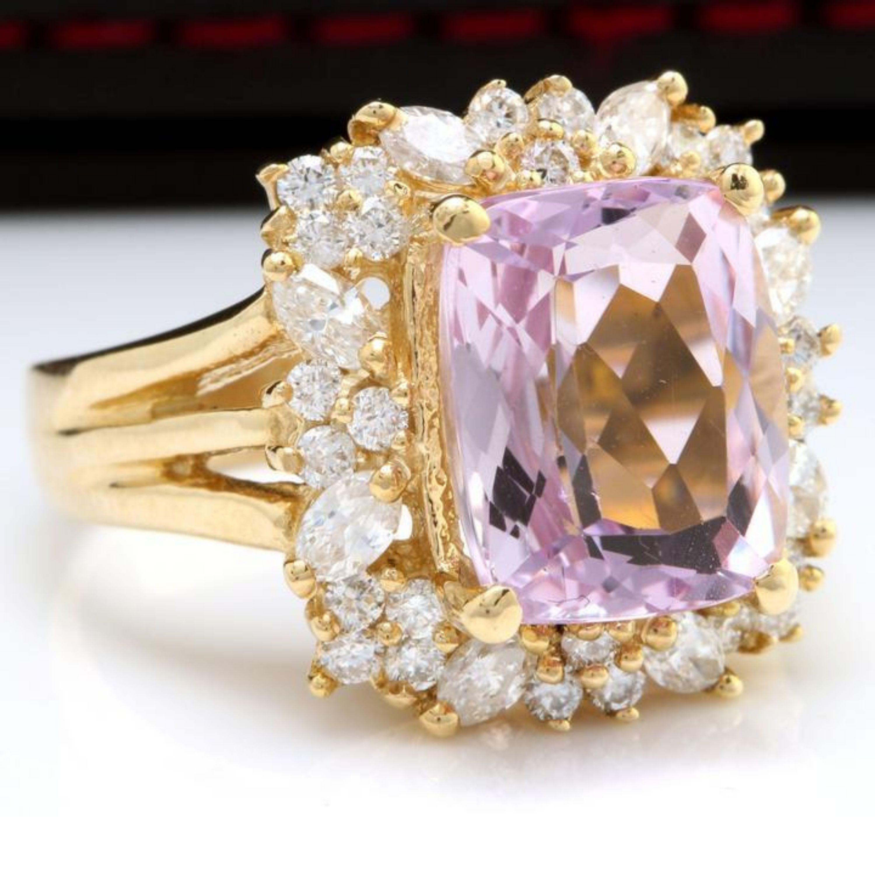 8.49 Carats Natural Kunzite and Diamond 14K Solid Yellow Gold Ring

Total Natural Cushion Cut Kunzite Weights: 6.71 Carats

Kunzite Measures: 12.00 X 10.00mm

Kunzite Treatment: Heating

Natural Round Diamonds Weight: 1.78 Carats (color G-H /