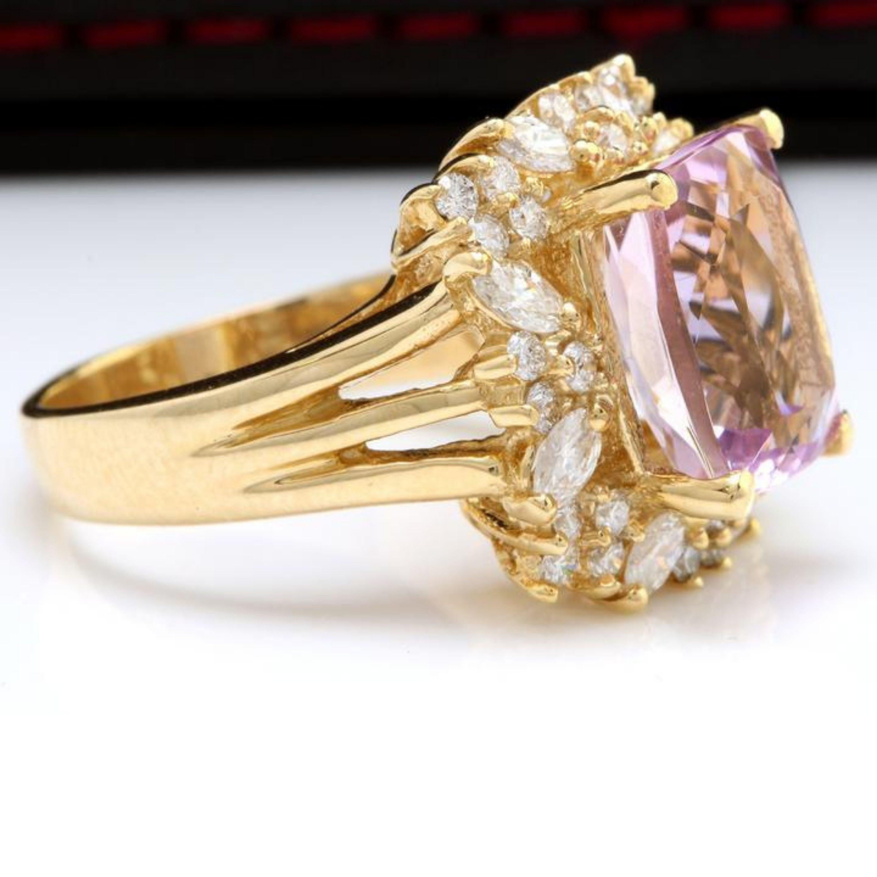 Mixed Cut 8.49 Carat Natural Kunzite and Diamond 14 Karat Solid Yellow Gold Ring For Sale
